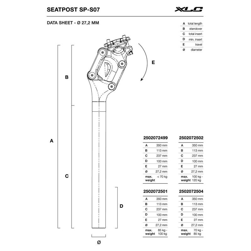 XLC Tige de selle à ressort Comp SP-S07, Ø 27.2mm, 350mm, 100-120kg