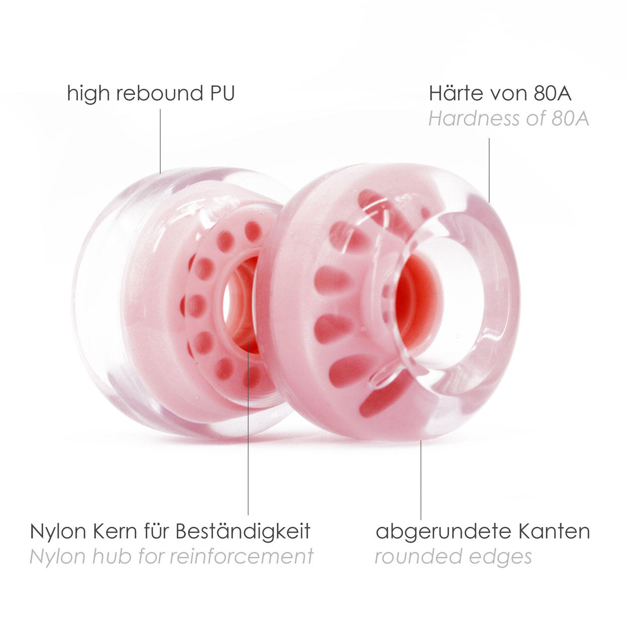 BTFL Rollschuh ROLLEN Set (4 Stk) - 62 x 38 mm - 80A - rosa transparent 6/7