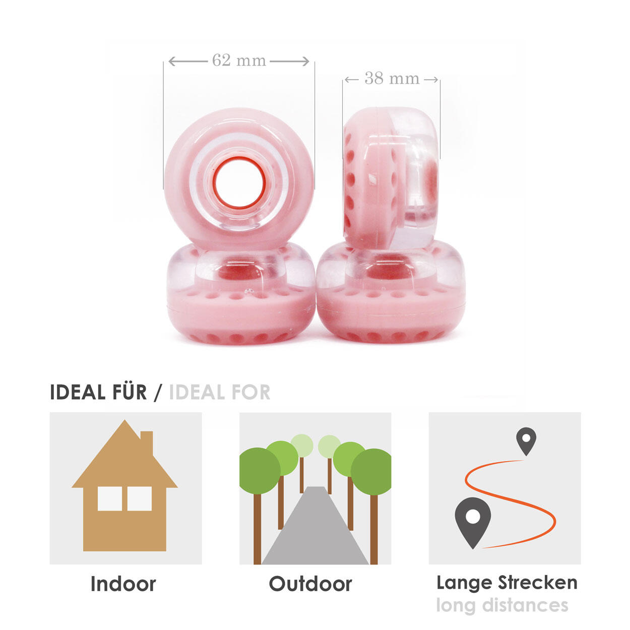 BTFL Rollschuh ROLLEN Set (4 Stk) - 62 x 38 mm - 80A - rosa transparent 5/7