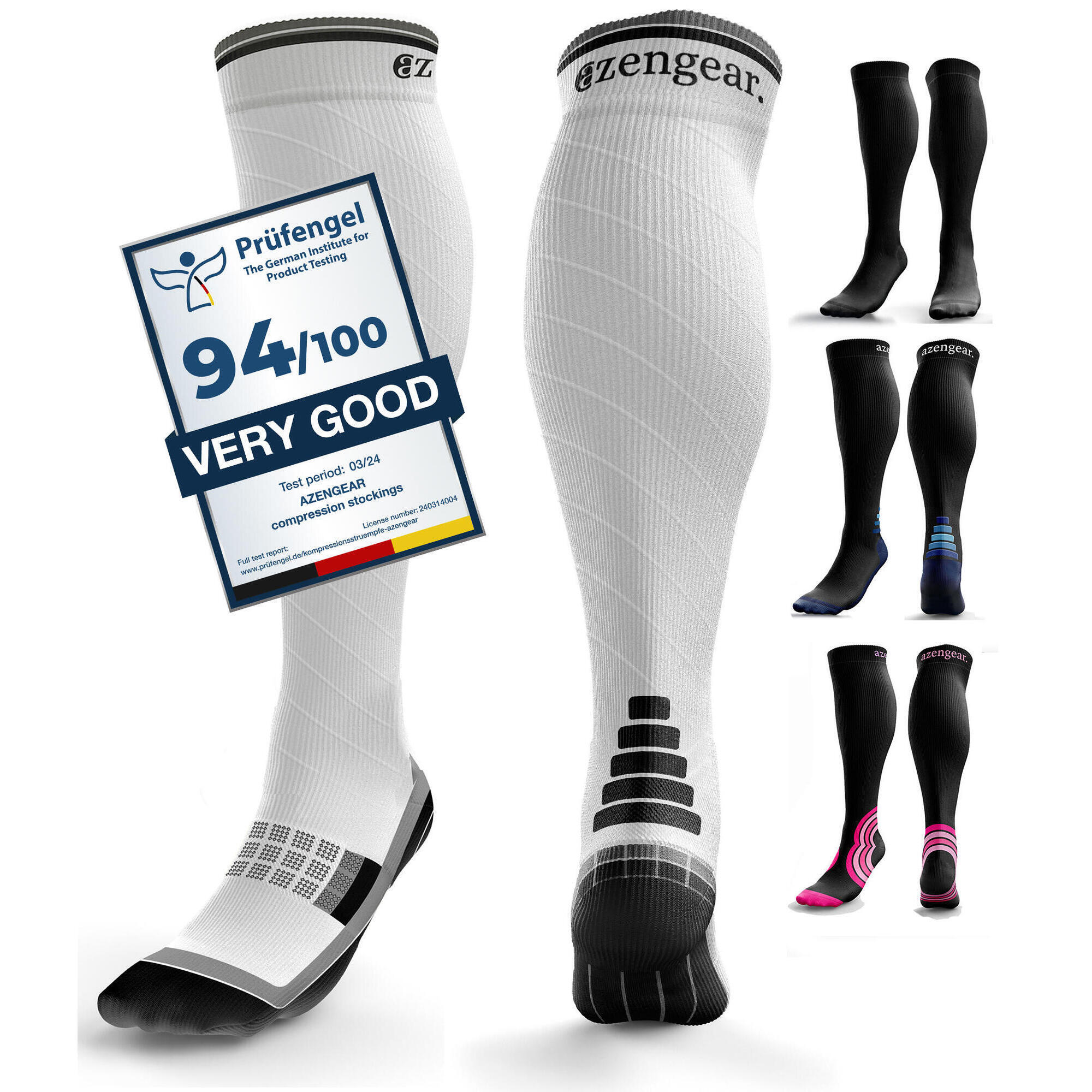 Azengear - Chaussette De Compression Femme Et Homme (20-30mmhg Classe 2) (blanc/noir, S-m) - Chaussettes De Compression - Blanc - Decathlon