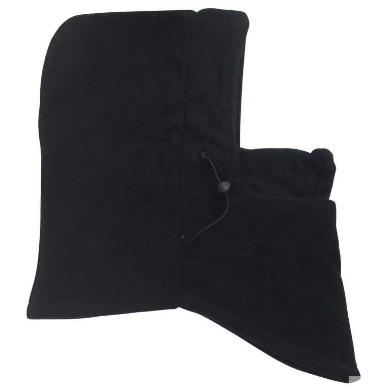 Black thermal fleece balaclava with drawstring neck closure