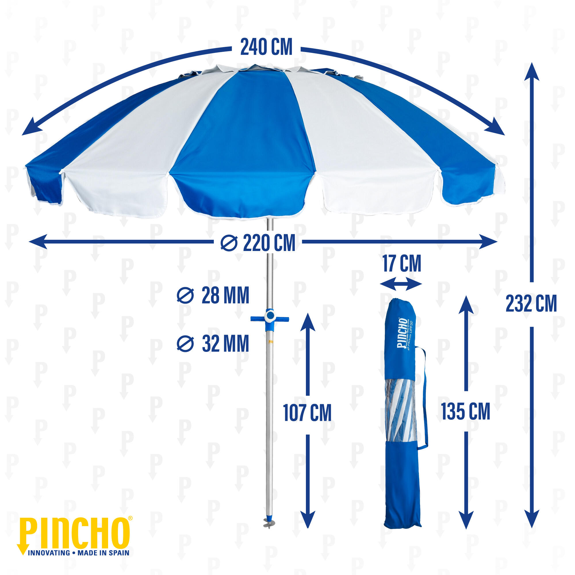 Sombrilla Playa Grande 240 cm, Antiviento hasta 35km/h, protección UV 50 5/7
