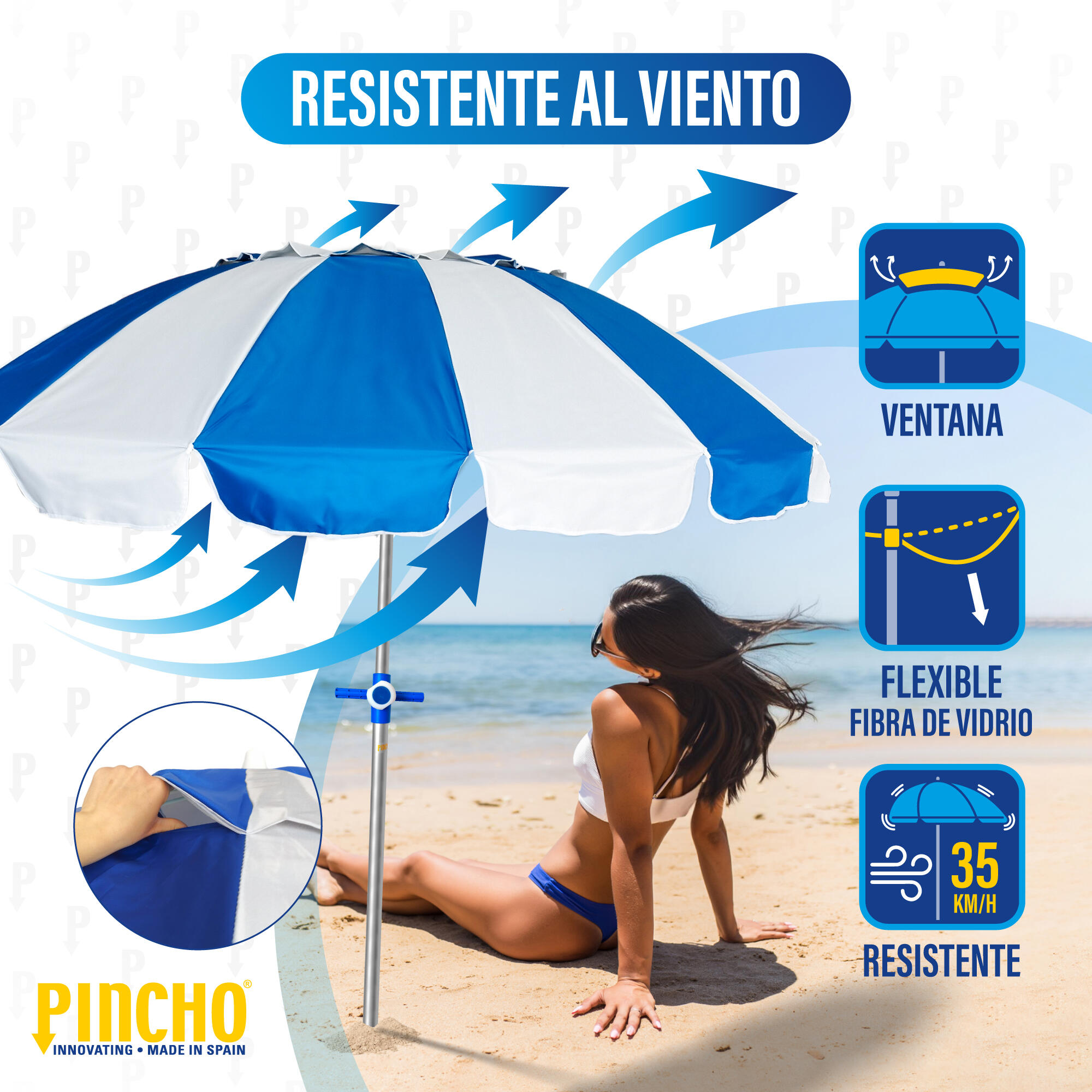 Sombrilla Playa Grande 240 cm, Antiviento hasta 35km/h, protección UV 50 2/7