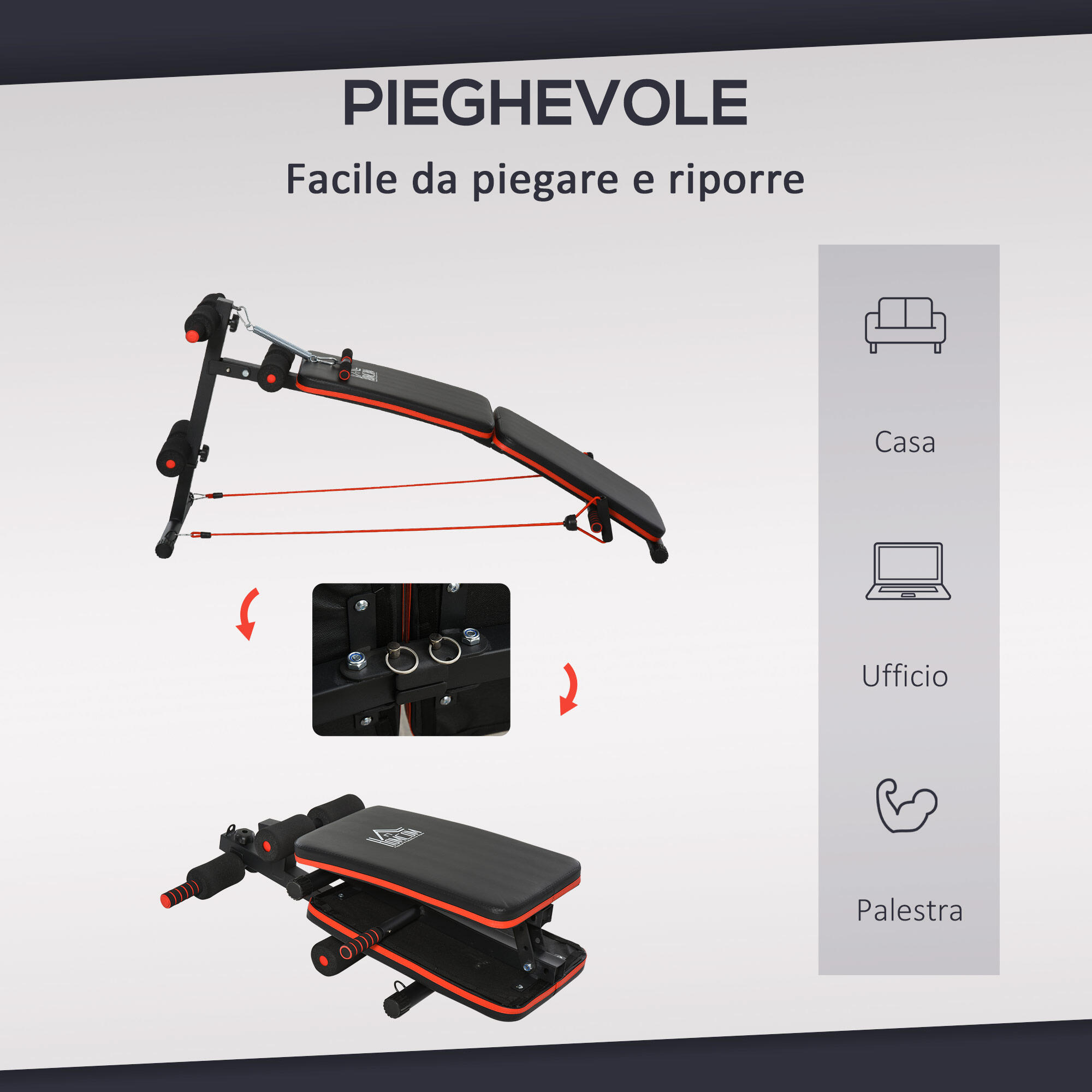 HOMCOM Panca per Addominali Pieghevole con Imbottitura Nera e Rossa 7/8