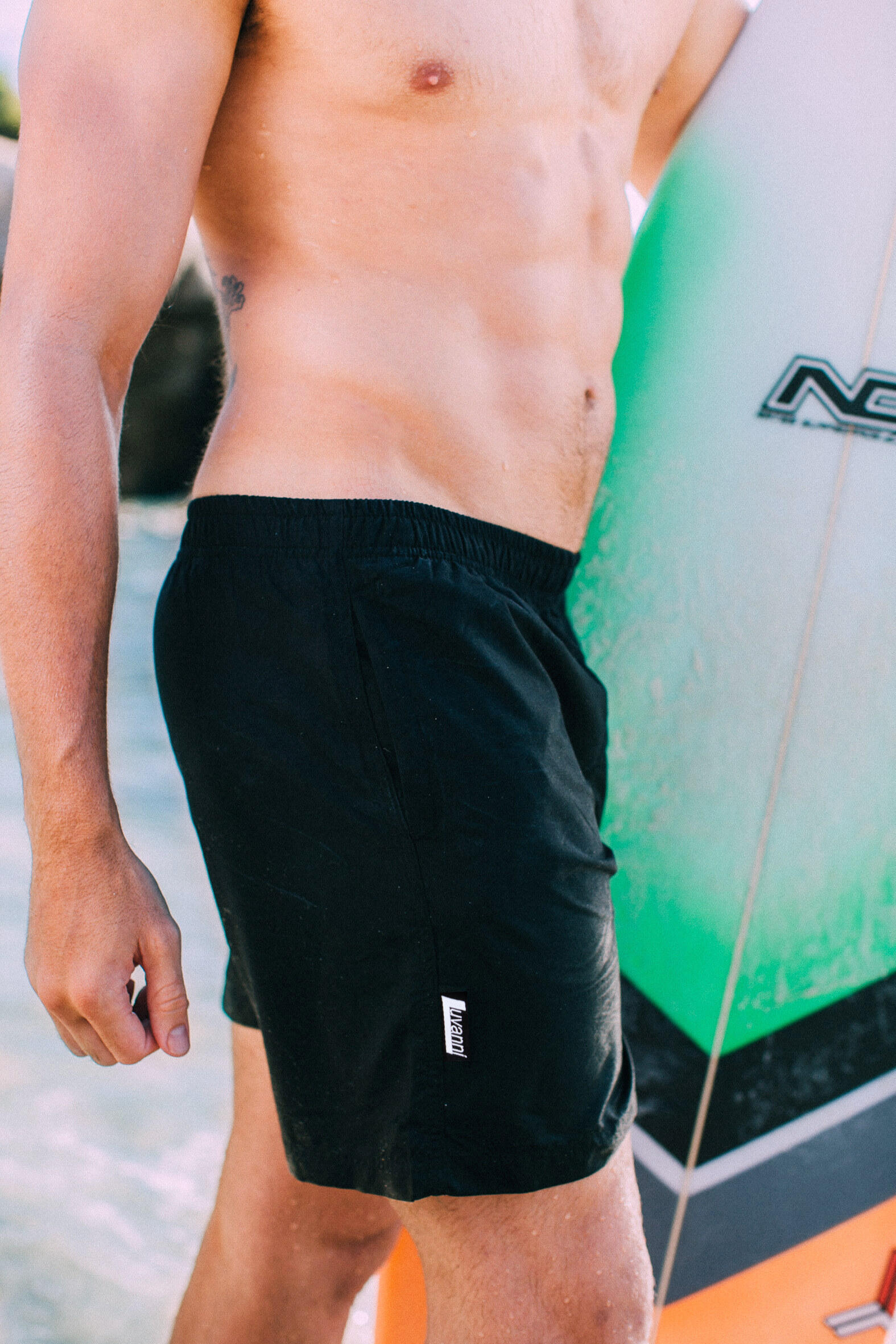 Herren Badehose Style 5 Boardshorts recyceltes Material Kordelzug Uni Schwarz 4/7
