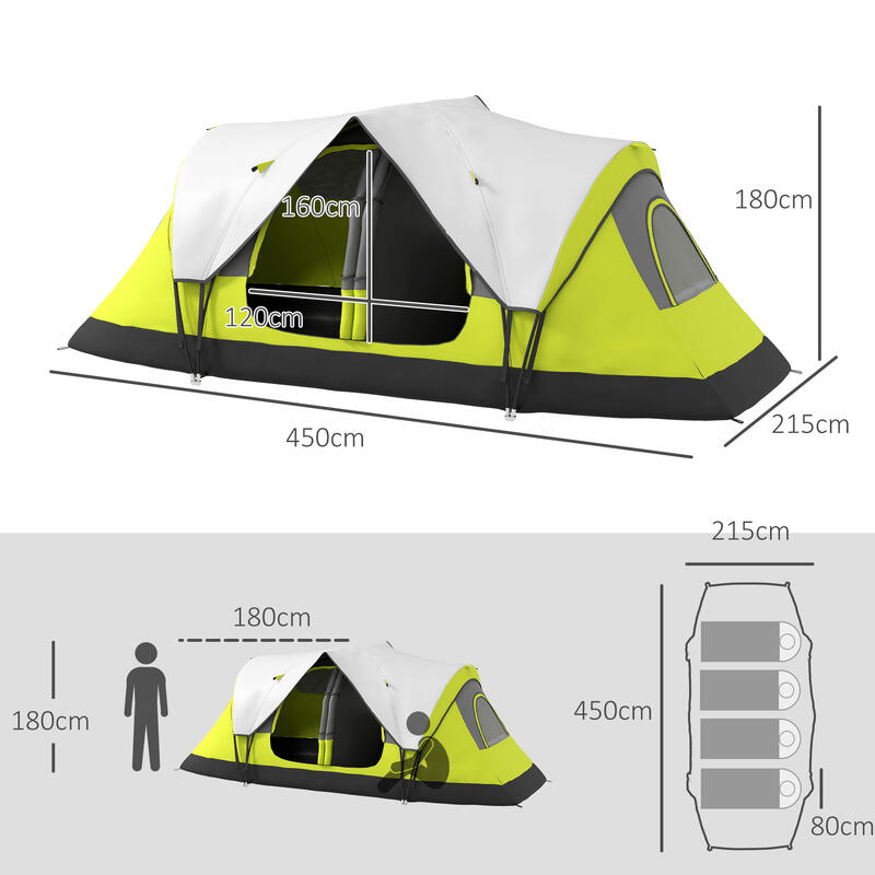 Outsunny Cort Camping 4 persoane, Spații Separate, 450X215Ix180 cm, Verde