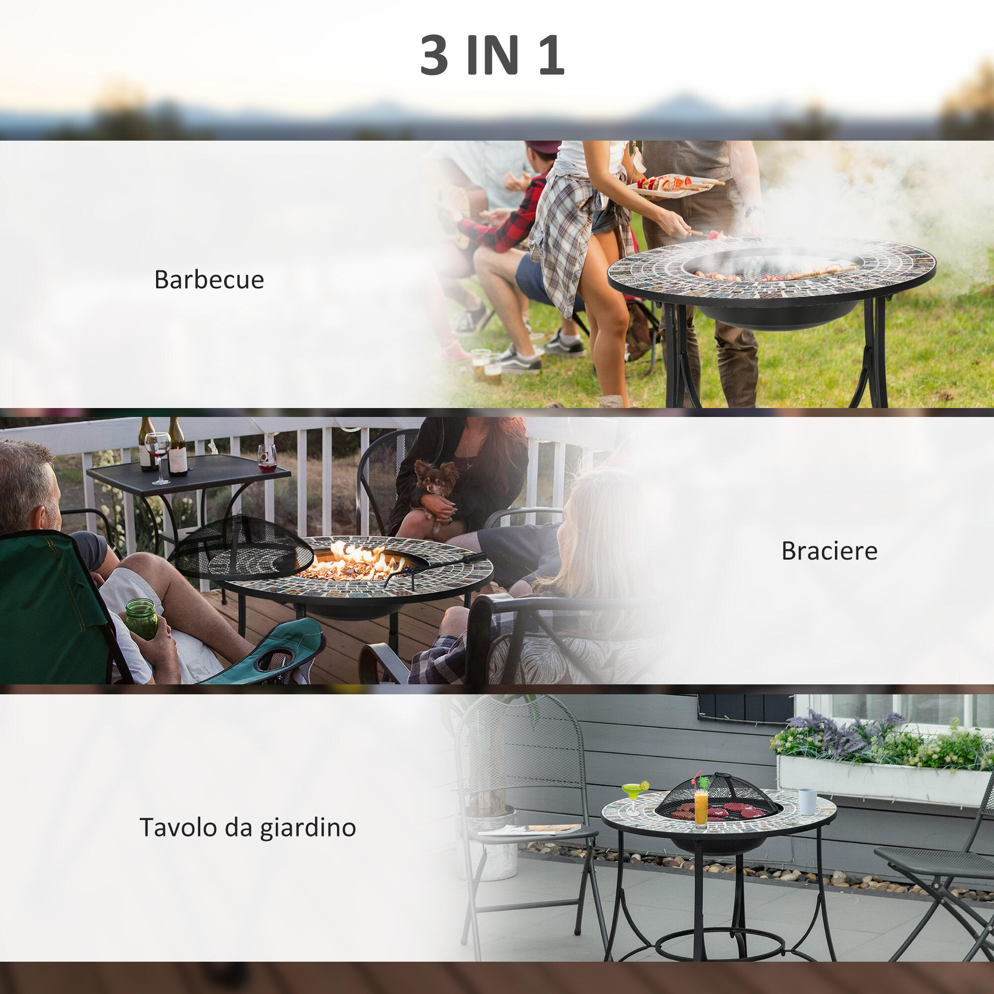 Outsunny Braciere da Esterno 3 in 1 Tavolino da Giardino e Griglia per Barbecue 5/7