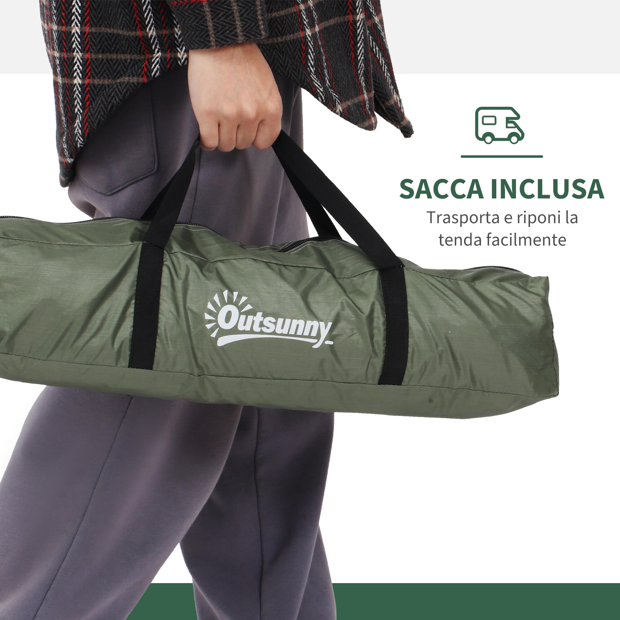 Outsunny Tenda da Campeggio 2 Posti con Zanzariera, 206x152x110cm, Verde 6/7