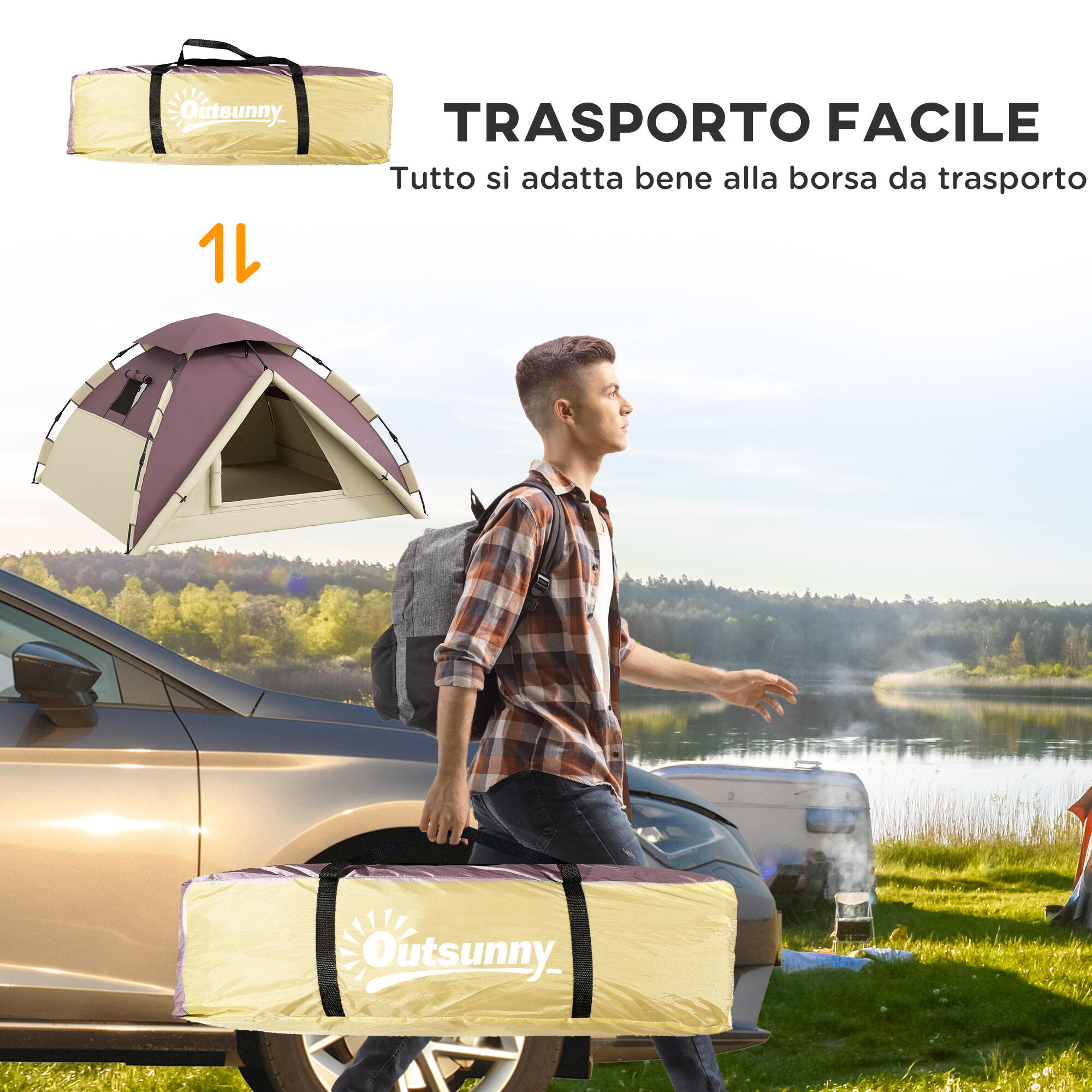 Outsunny Tenda da Campeggio 2 Posti con Finestre e Gancio, 225x190x130 cm, Kaki 7/7