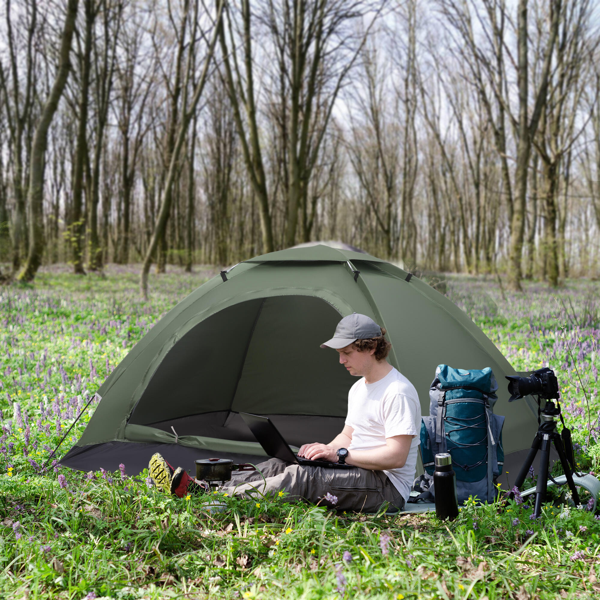Outsunny Tenda da Campeggio 2 Posti con Zanzariera, 206x152x110cm, Verde 2/7