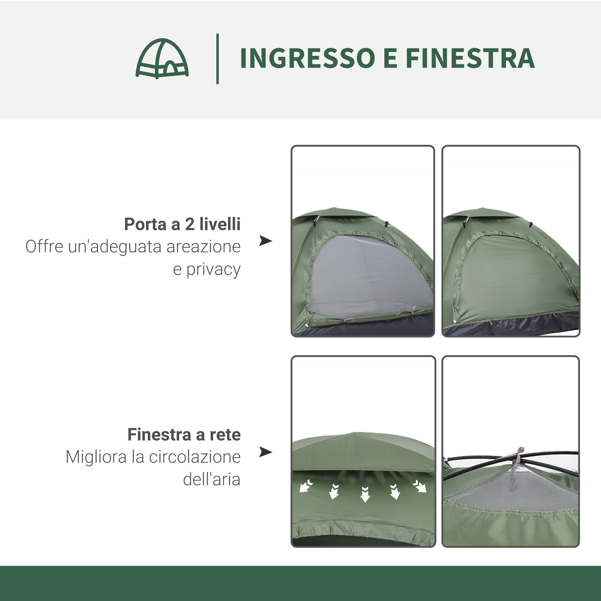 Outsunny Tenda da Campeggio 2 Posti con Zanzariera, 206x152x110cm, Verde 4/7