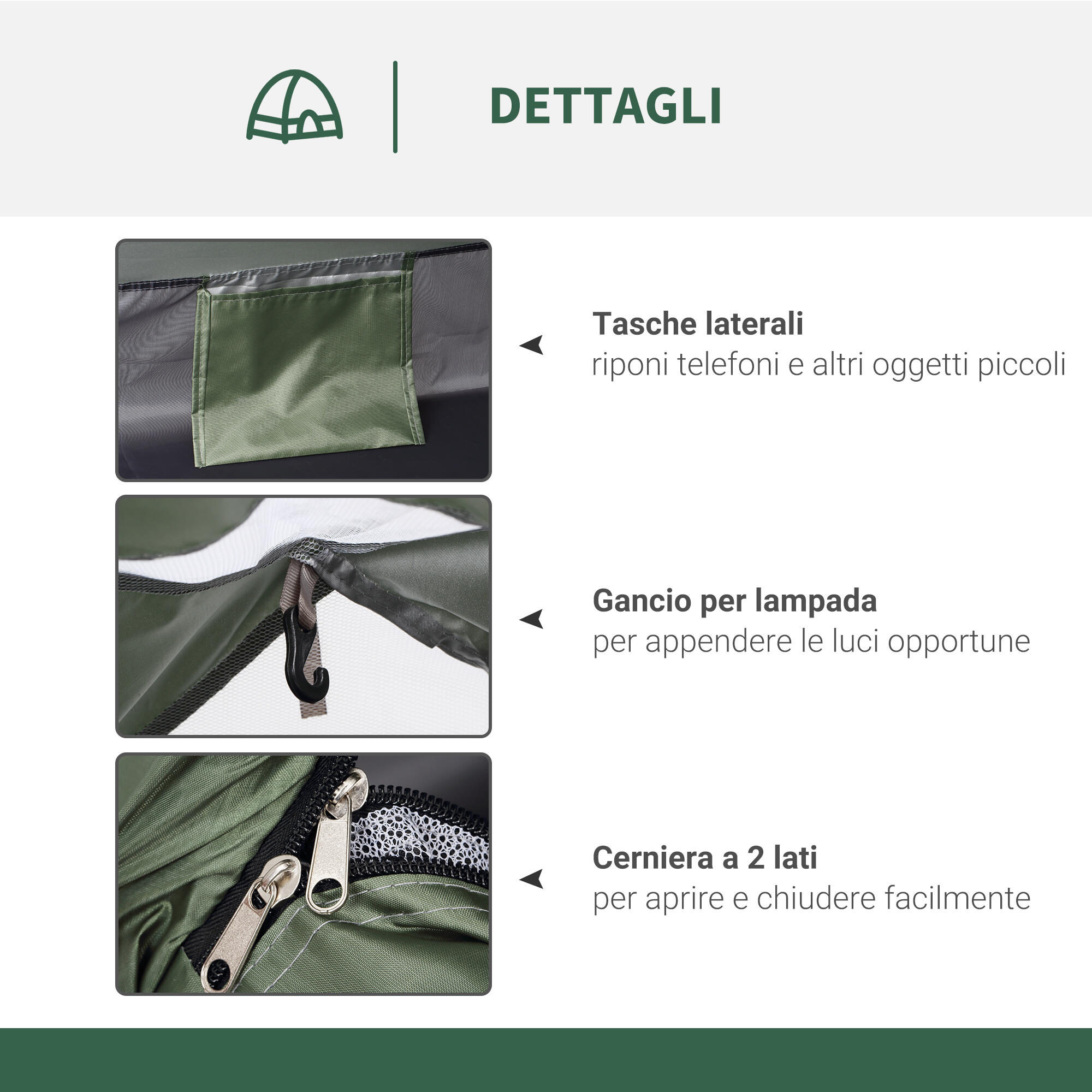 Outsunny Tenda da Campeggio 2 Posti con Zanzariera, 206x152x110cm, Verde 5/7