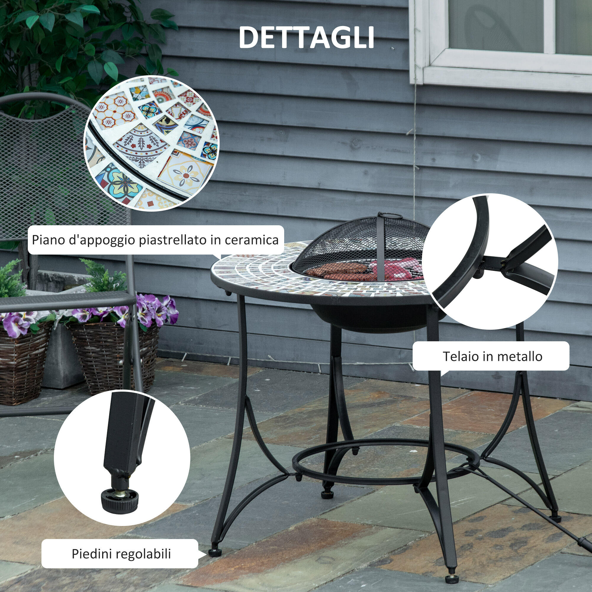 Outsunny Braciere da Esterno 3 in 1 Tavolino da Giardino e Griglia per Barbecue 7/7
