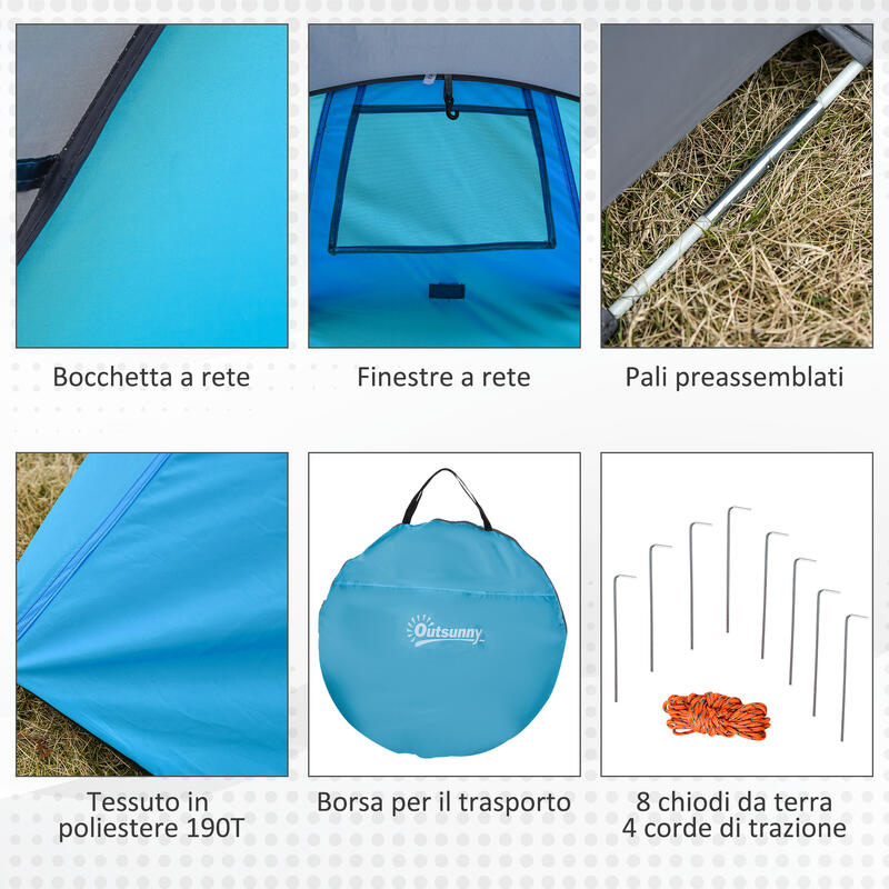 Outsunny Tenda da Campeggio 2 Persone con Apertura Pop-Up, 220x108x110cm, Blu