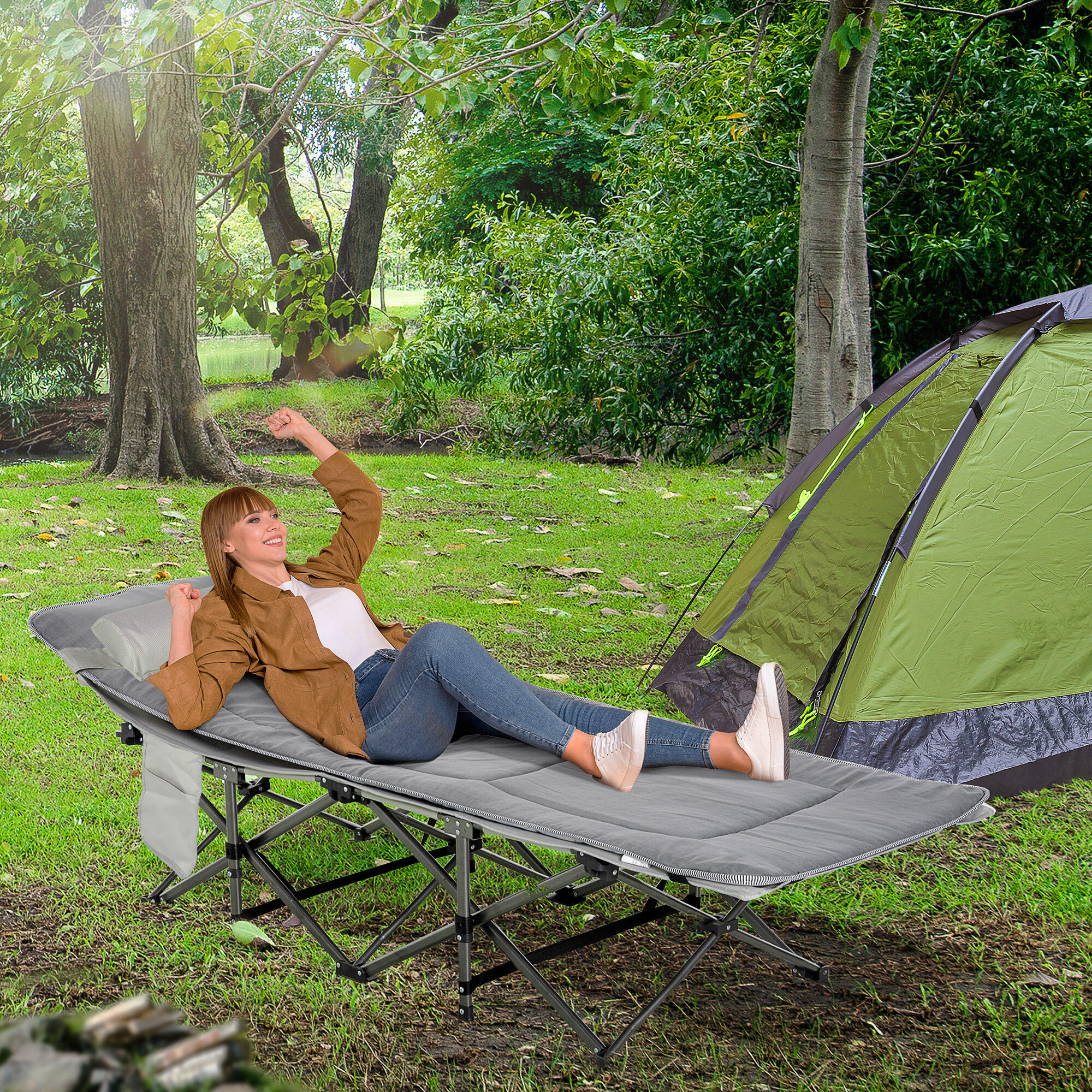 Outsunny Lettino da Campeggio con Tasca Portaoggetti, 188x64.5x53 cm, Grigio 2/8