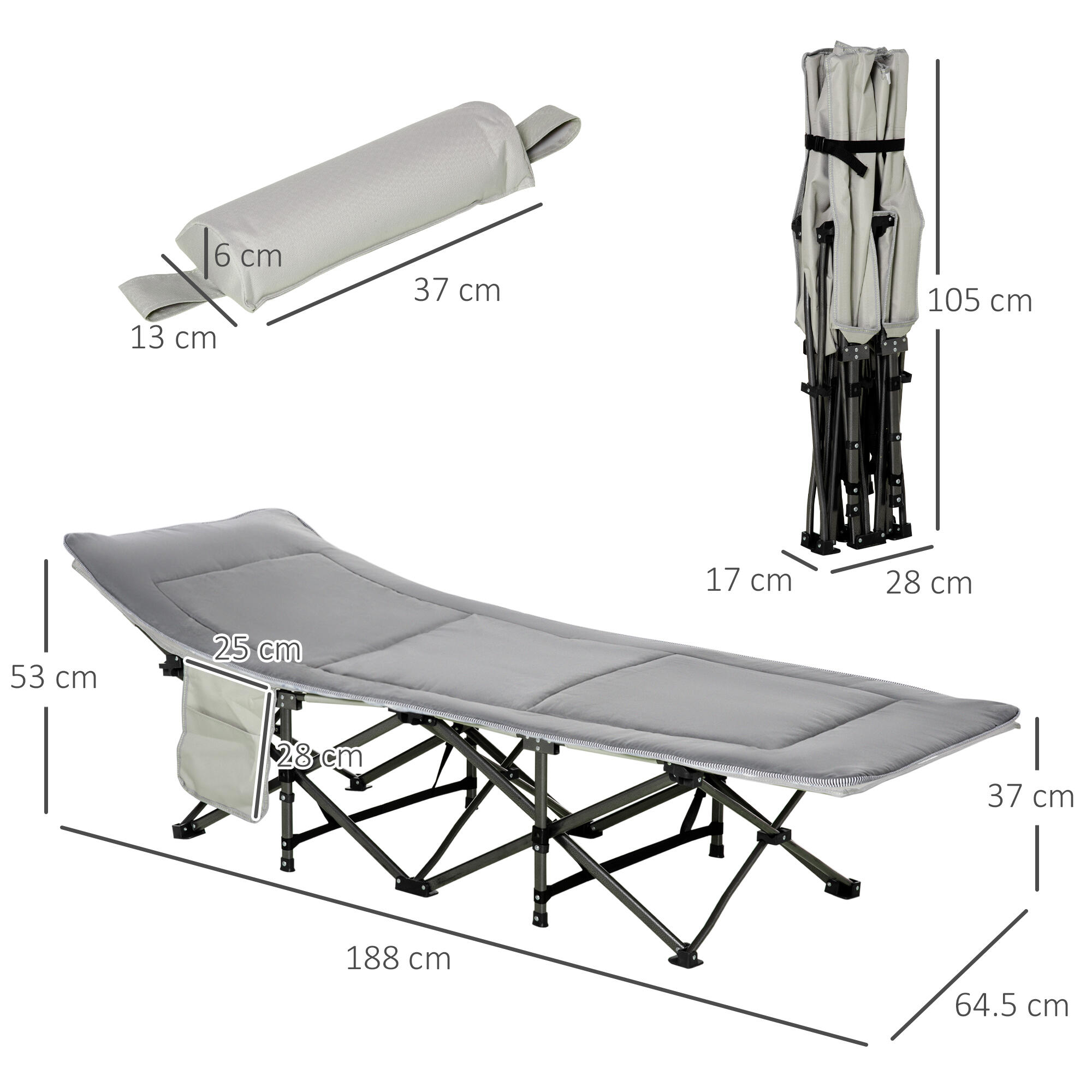 Outsunny Lettino da Campeggio con Tasca Portaoggetti, 188x64.5x53 cm, Grigio 3/8