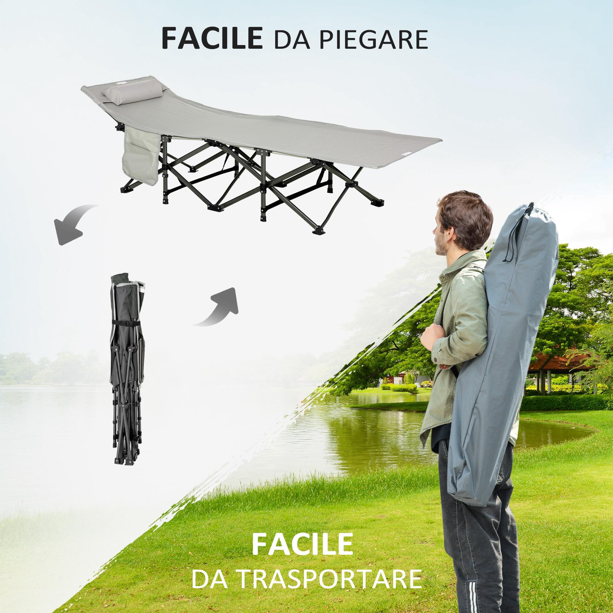 Outsunny Lettino da Campeggio con Tasca Portaoggetti, 188x64.5x53 cm, Grigio 6/8
