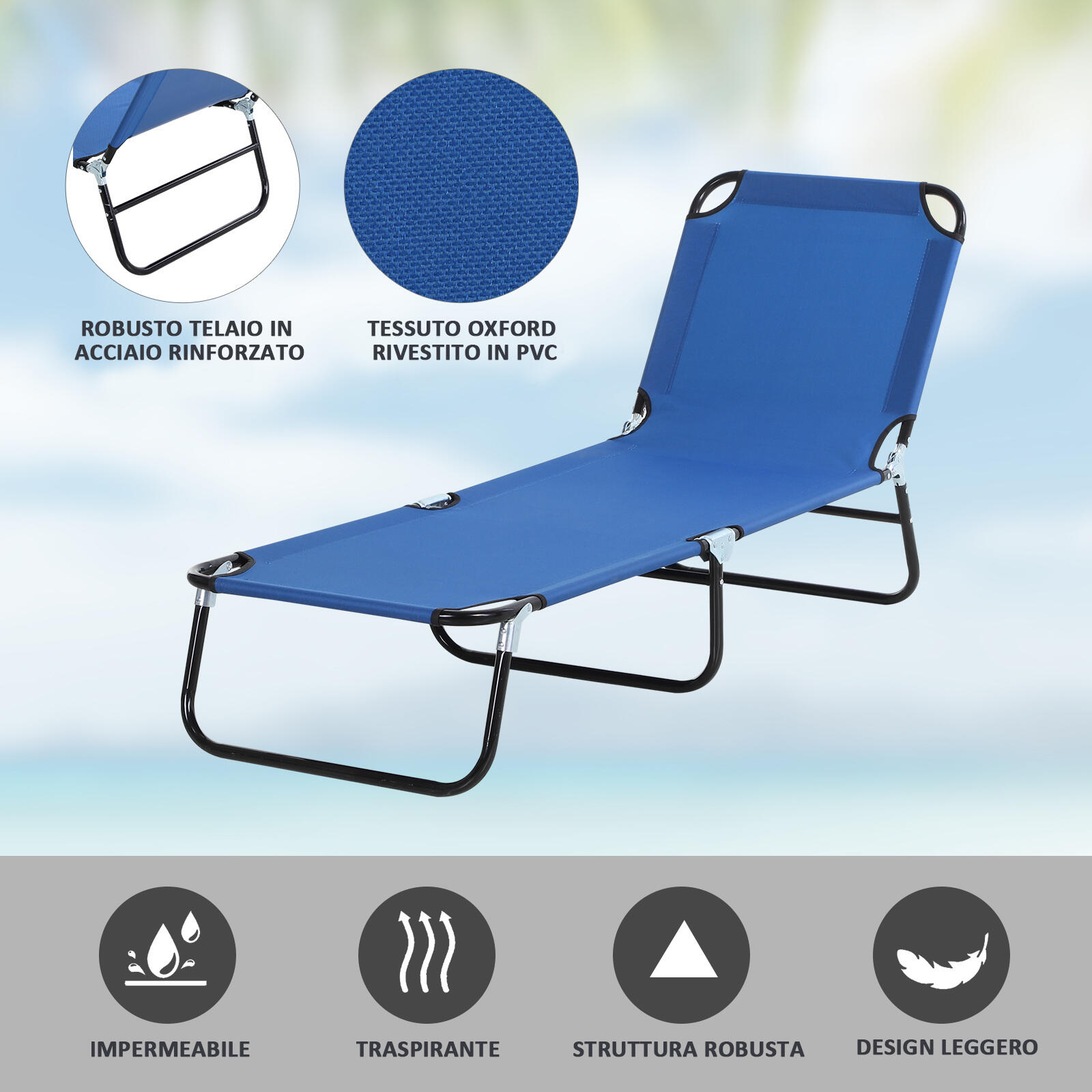 Outsunny Lettino da Giardino con Schienale Regolabile in 5 Posizioni Blu 5/7