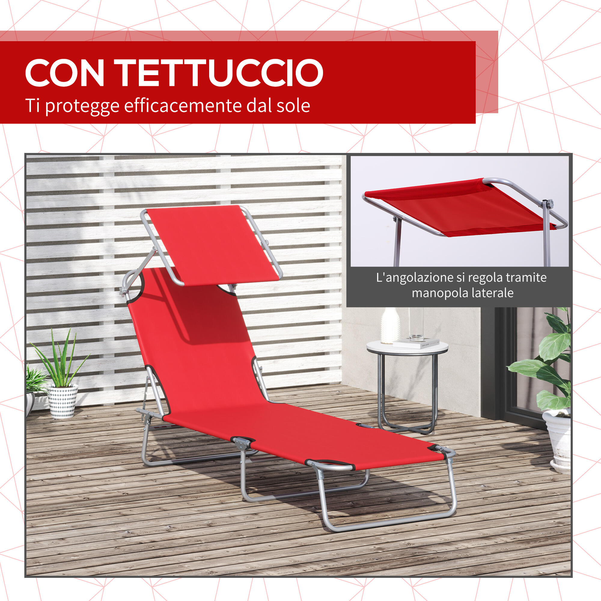 Outsunny Sdraio da Giardino Pieghevole e Reclinabile con Tettuccio Rosso 6/7