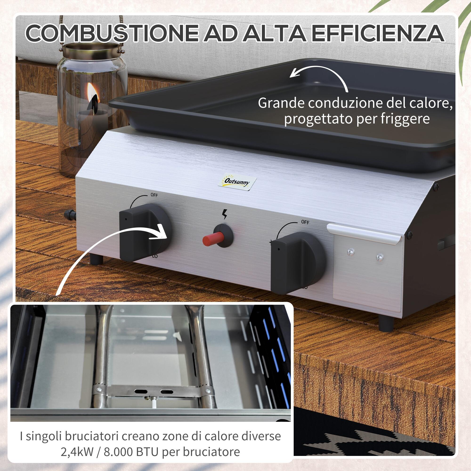 Outsunny Piastra Barbecue a Gas con 2 Bruciatori Potenza 4.8kw 4/7