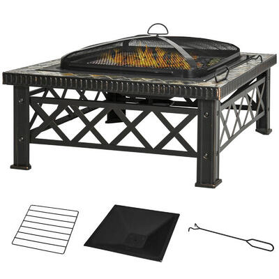 Outsunny Braciere da Giardino con Coperchio Parascintille e Griglia per Barbecue
