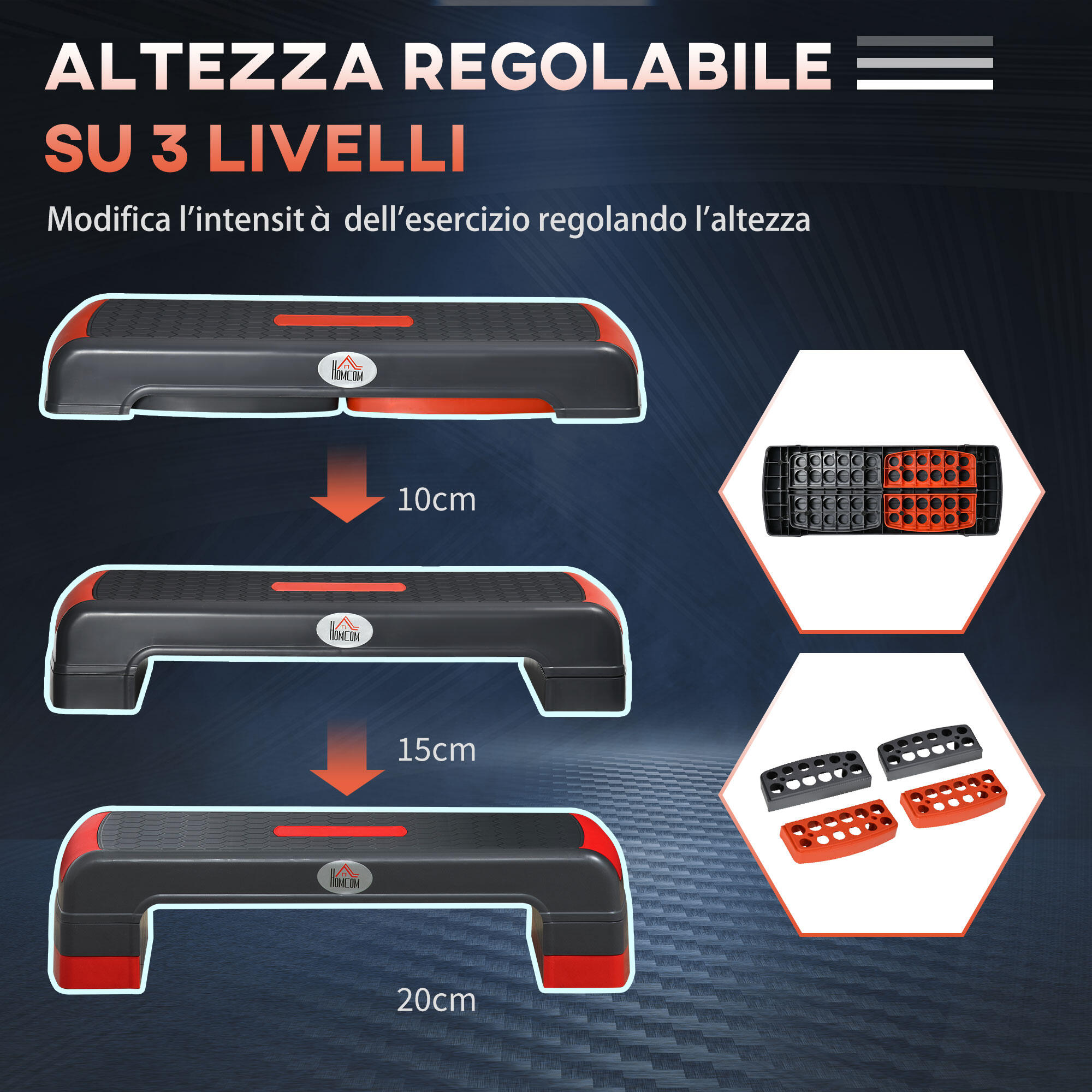 HOMCOM Step per Aerobica Regolabile a 3 Altezze 10-15-20cm Plastica Nero e Rosso 4/7