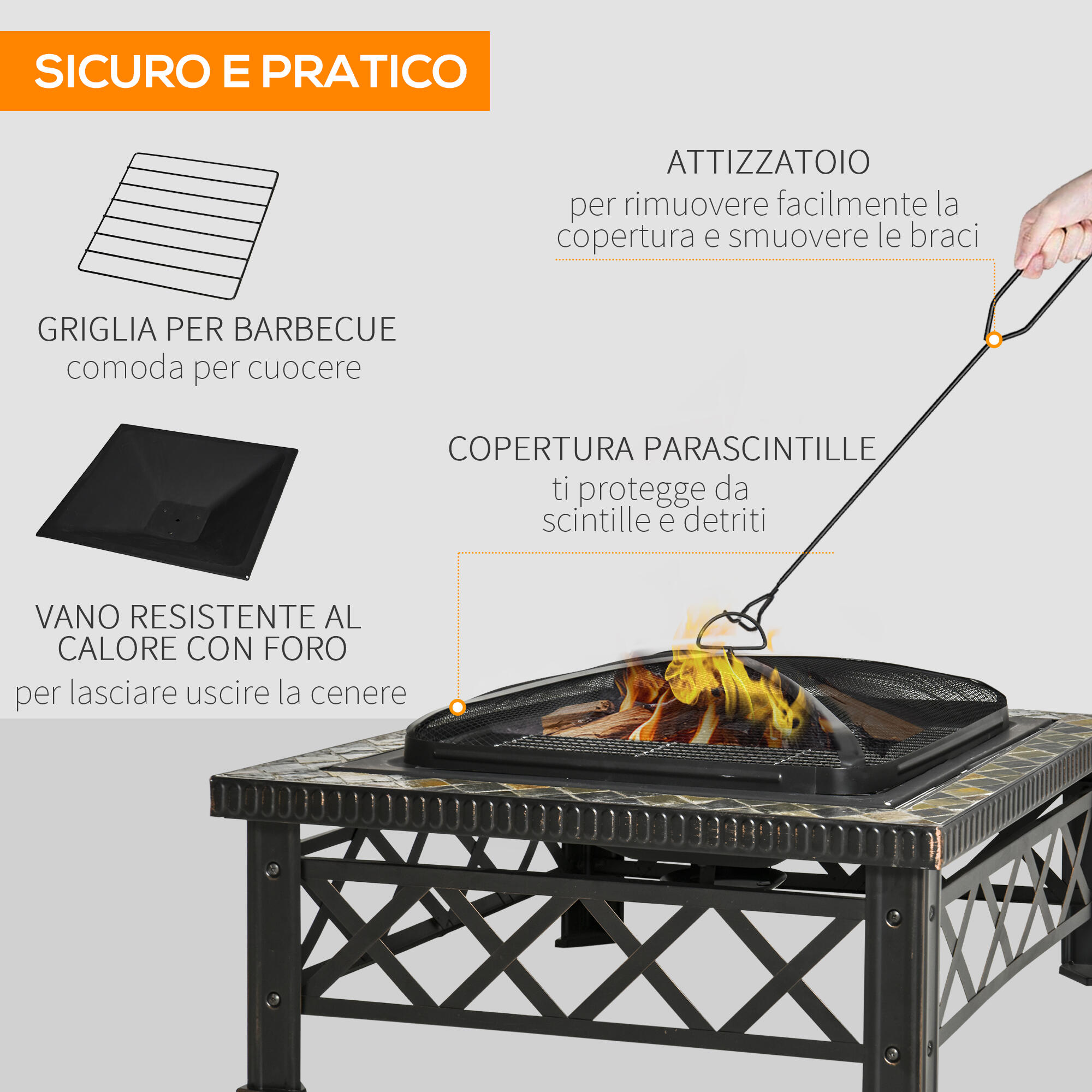 Outsunny Braciere da Giardino con Coperchio Parascintille e Griglia per Barbecue 5/8
