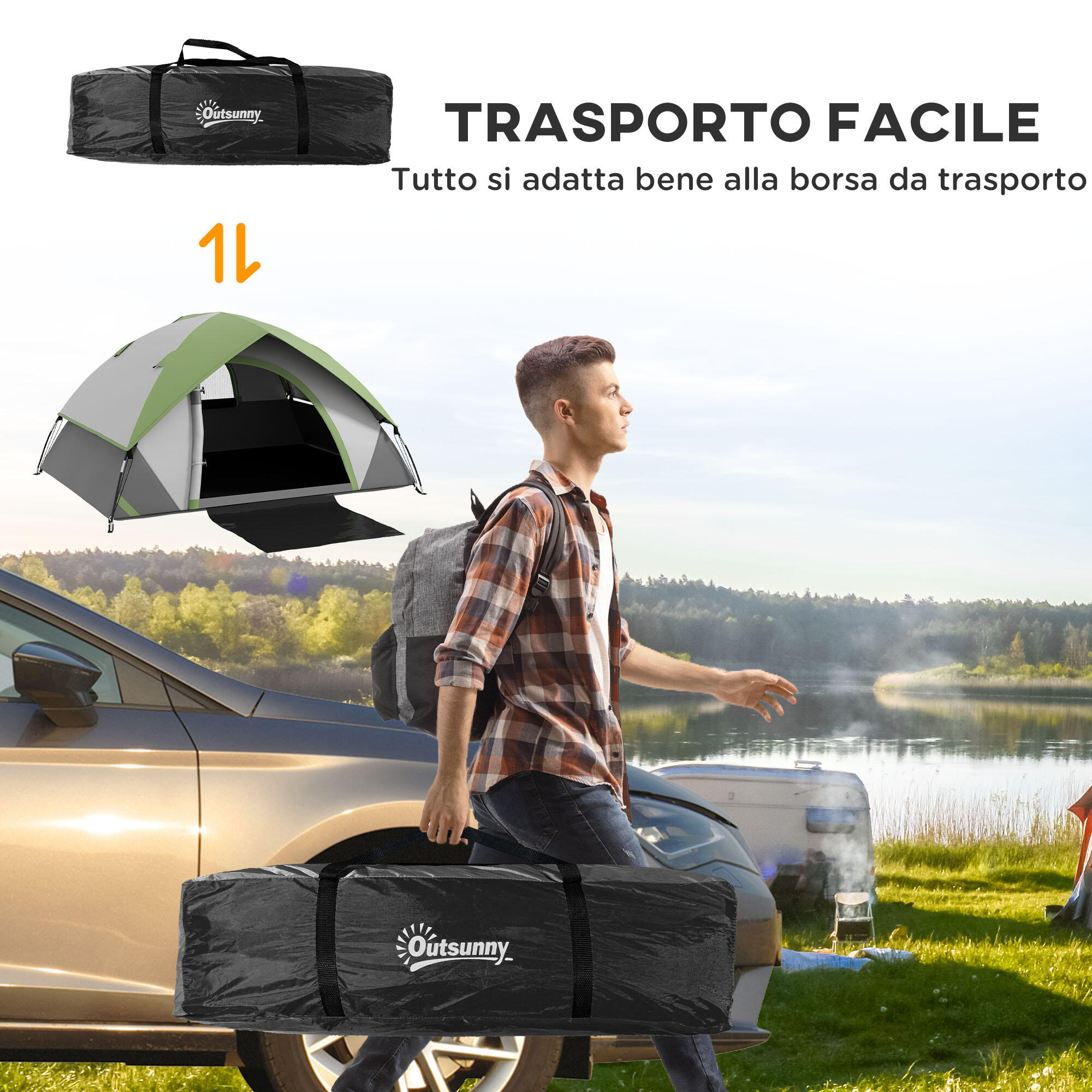 Outsunny Tenda da Campeggio 2 Posti con Finestra, 210x150x110 cm, Grigio e Verde 7/7