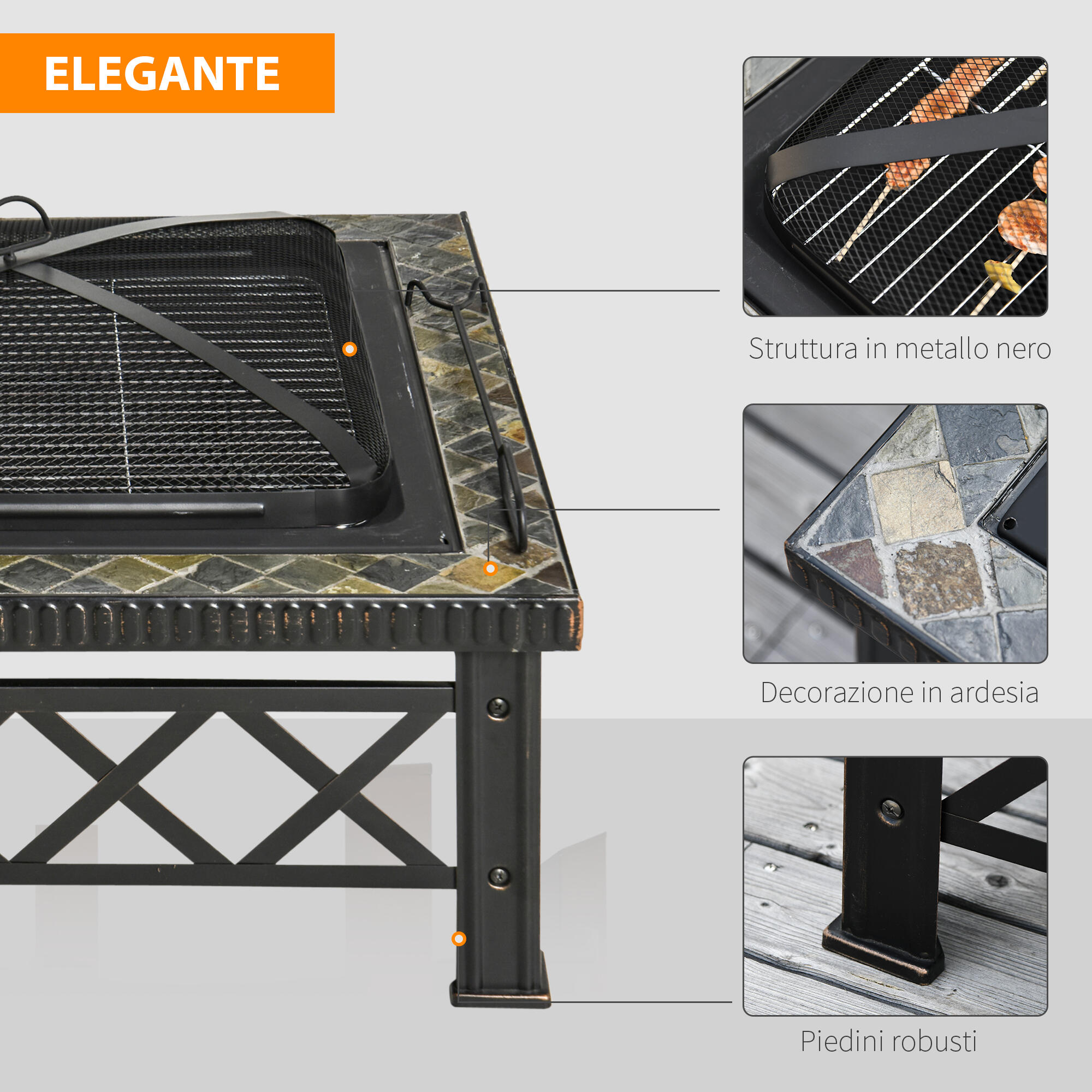 Outsunny Braciere da Giardino con Coperchio Parascintille e Griglia per Barbecue 6/8