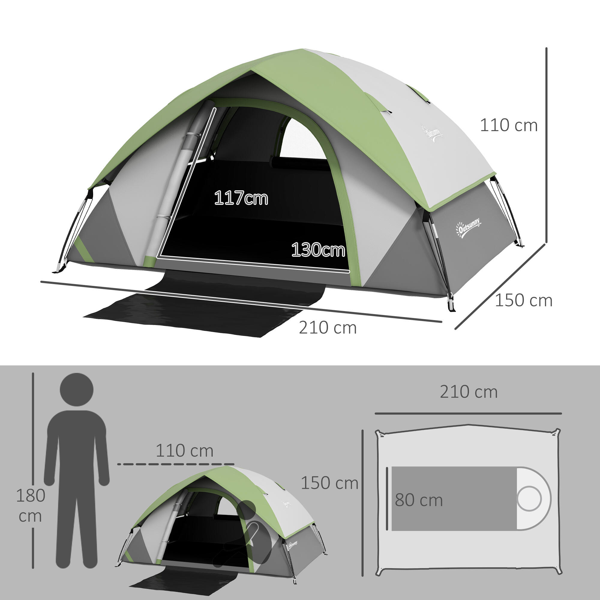 Outsunny Tenda da Campeggio 2 Posti con Finestra, 210x150x110 cm, Grigio e Verde 3/7
