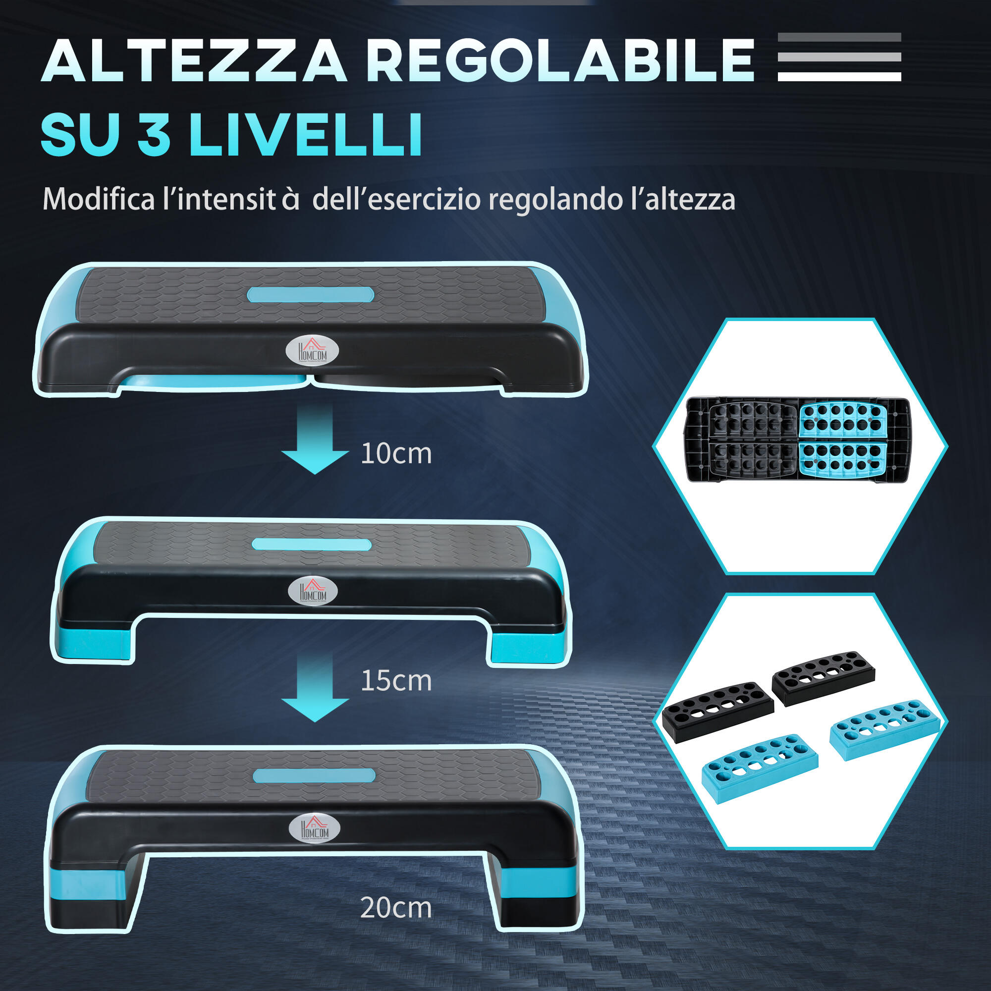 HOMCOM Step per Aerobica Regolabile su 3 Altezze 10-15-20cm Plastica Nero e Blu 4/8