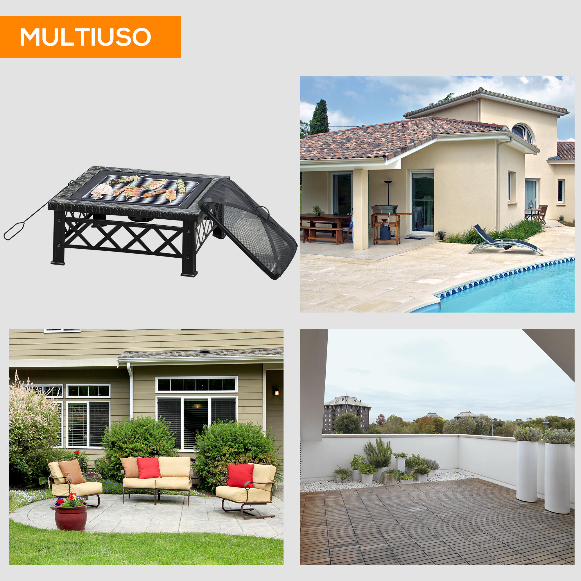 Outsunny Braciere da Giardino con Coperchio Parascintille e Griglia per Barbecue 7/8
