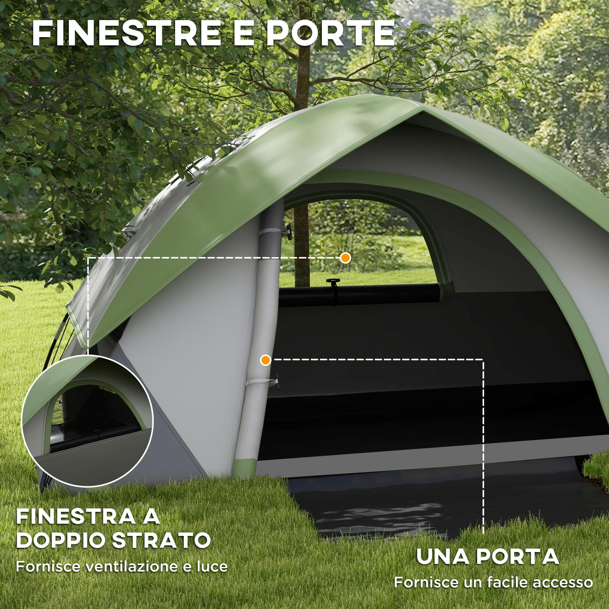 Outsunny Tenda da Campeggio 2 Posti con Finestra, 210x150x110 cm, Grigio e Verde 6/7