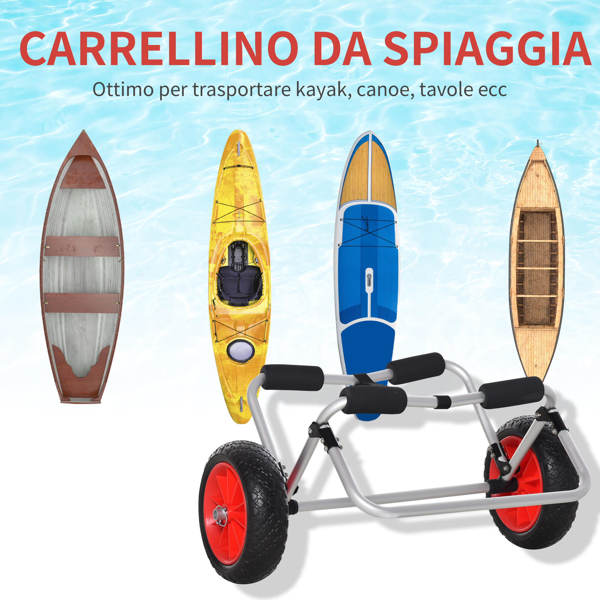 HOMCOM Carrellino da Spiaggia per Kayak e Canoa con Paraurti in Alluminio e NBR 4/8
