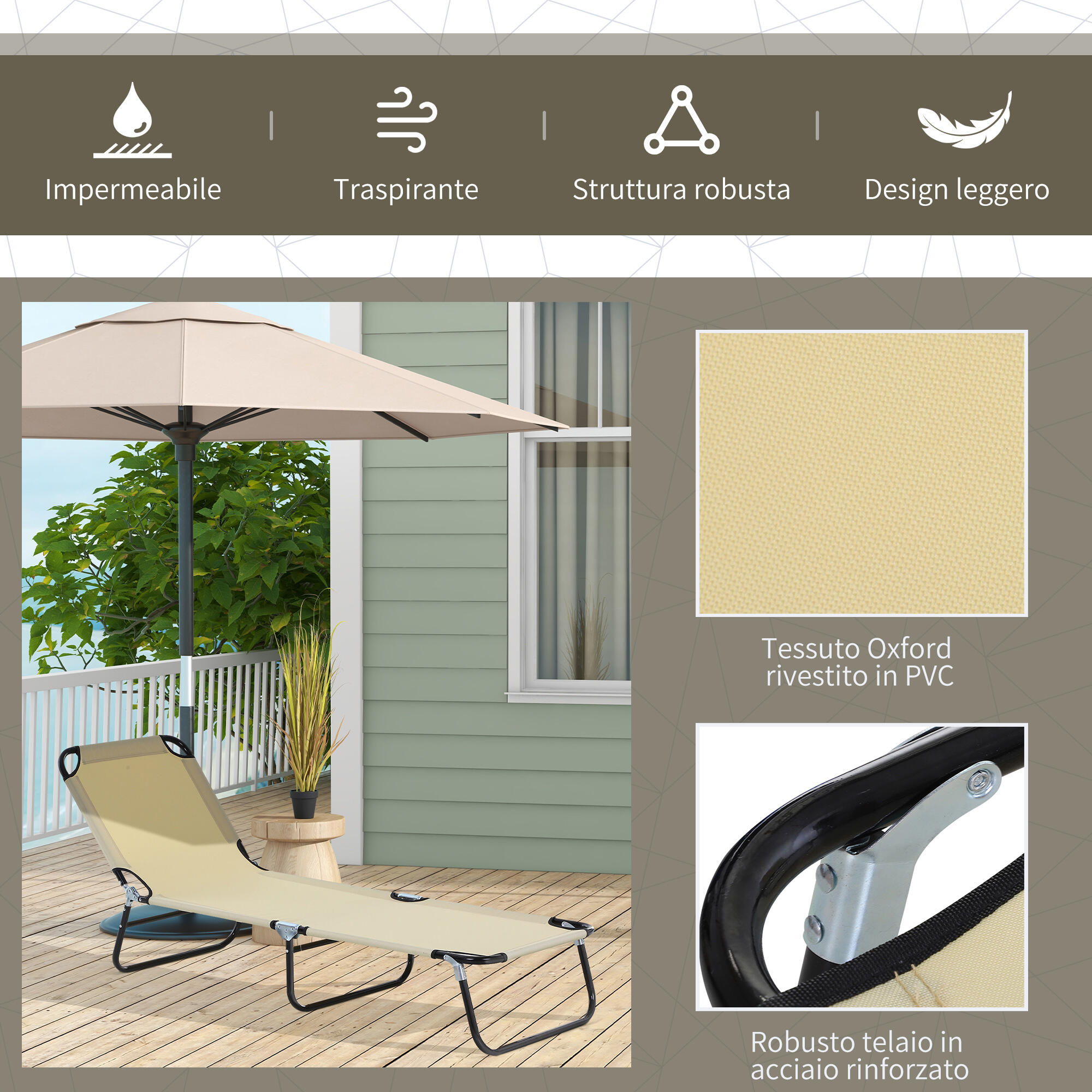 Outsunny Lettino da Esterno con Schienale Regolabile in 5 Posizioni Beige 5/8