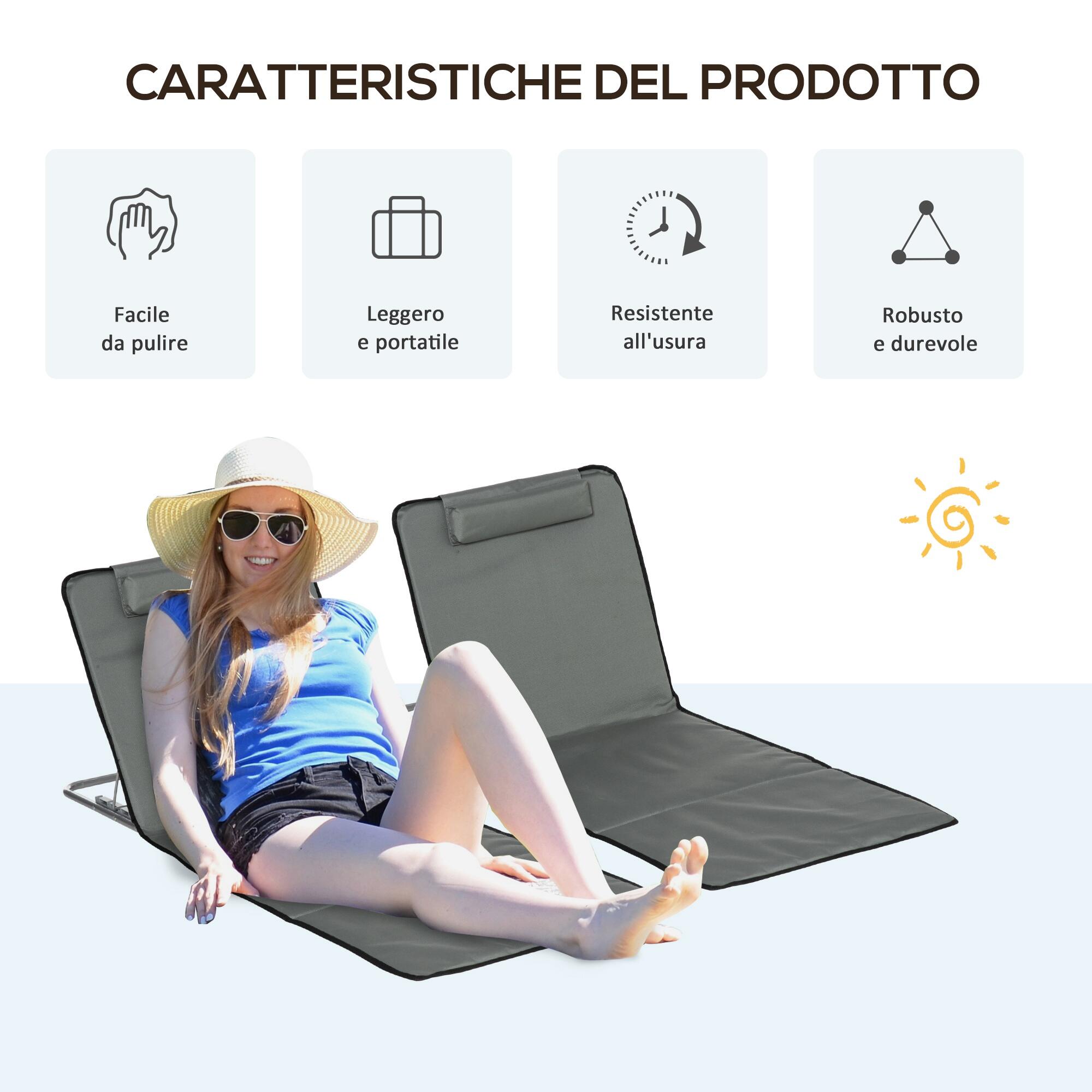 Outsunny Set 2 Lettini Spiaggia Pieghevoli Schienale Regolabile e Borsa Grigio 7/7