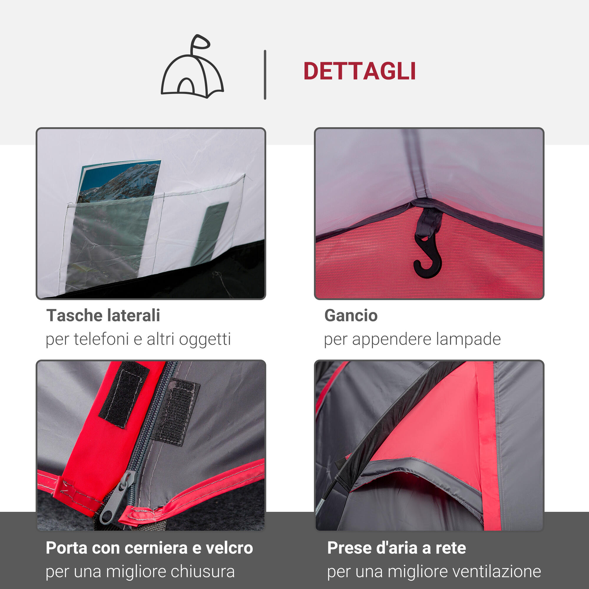 Outsunny Tenda da Campeggio 2 Posti con Vestibolo e Porte, 426x206x154cm Grigio 5/8