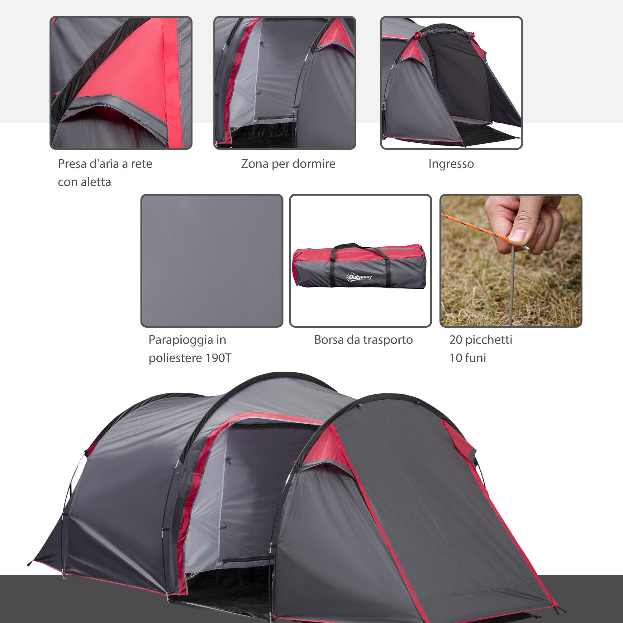 Outsunny Tenda da Campeggio 2 Posti con Vestibolo e Porte, 426x206x154cm Grigio 7/8