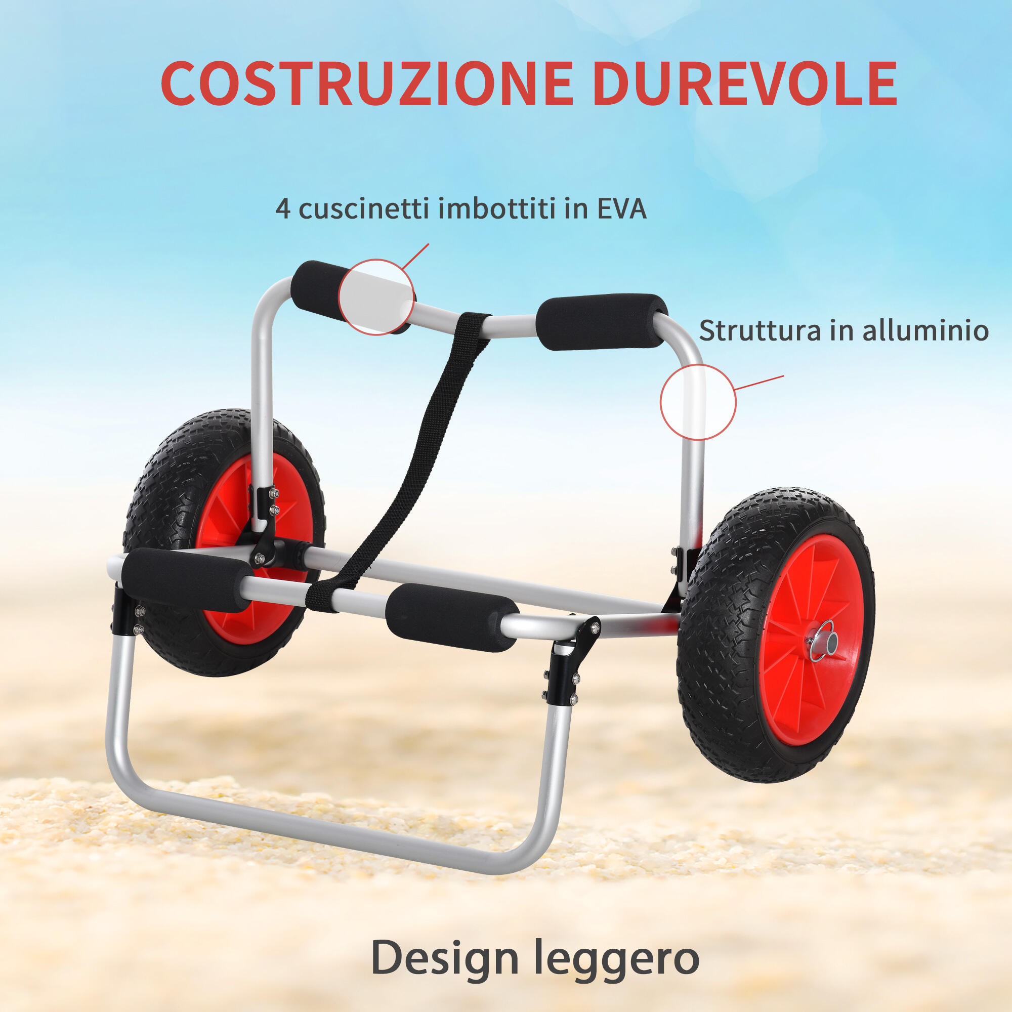 HOMCOM Carrellino da Spiaggia per Kayak e Canoa con Paraurti in Alluminio e NBR 7/8