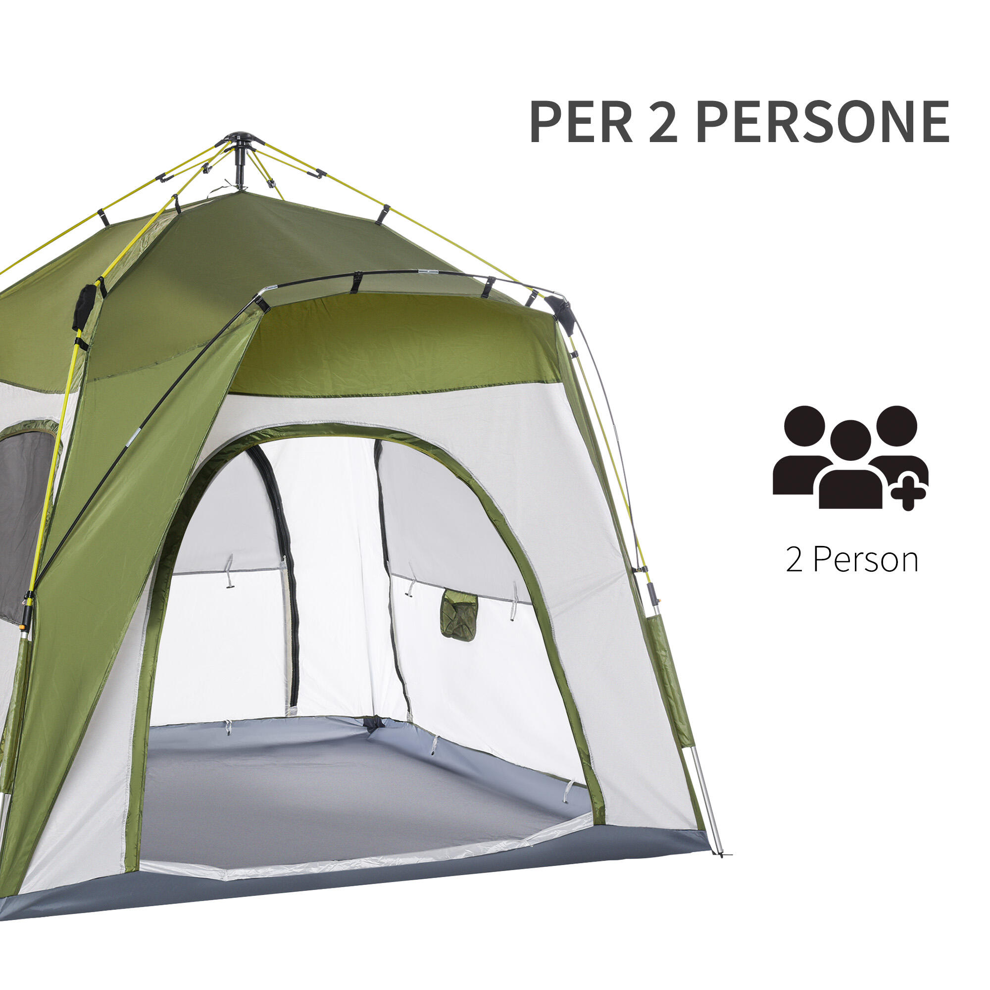 Outsunny Tenda da Campeggio 2 Posti con Porta e 3 Finestre, 240x240x199cm, Verde 4/8