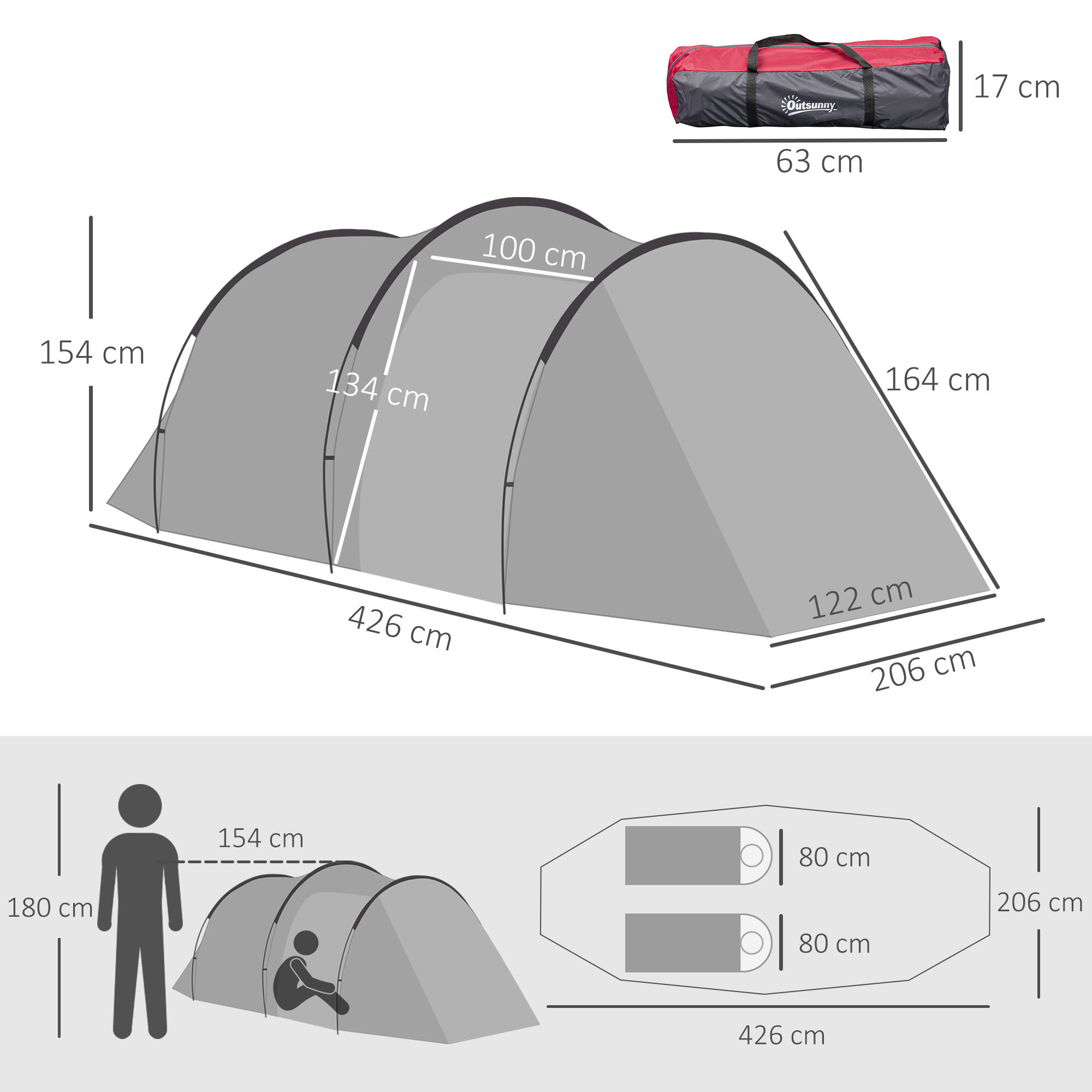 Outsunny Tenda da Campeggio 2 Posti con Vestibolo e Porte, 426x206x154cm Grigio 3/8