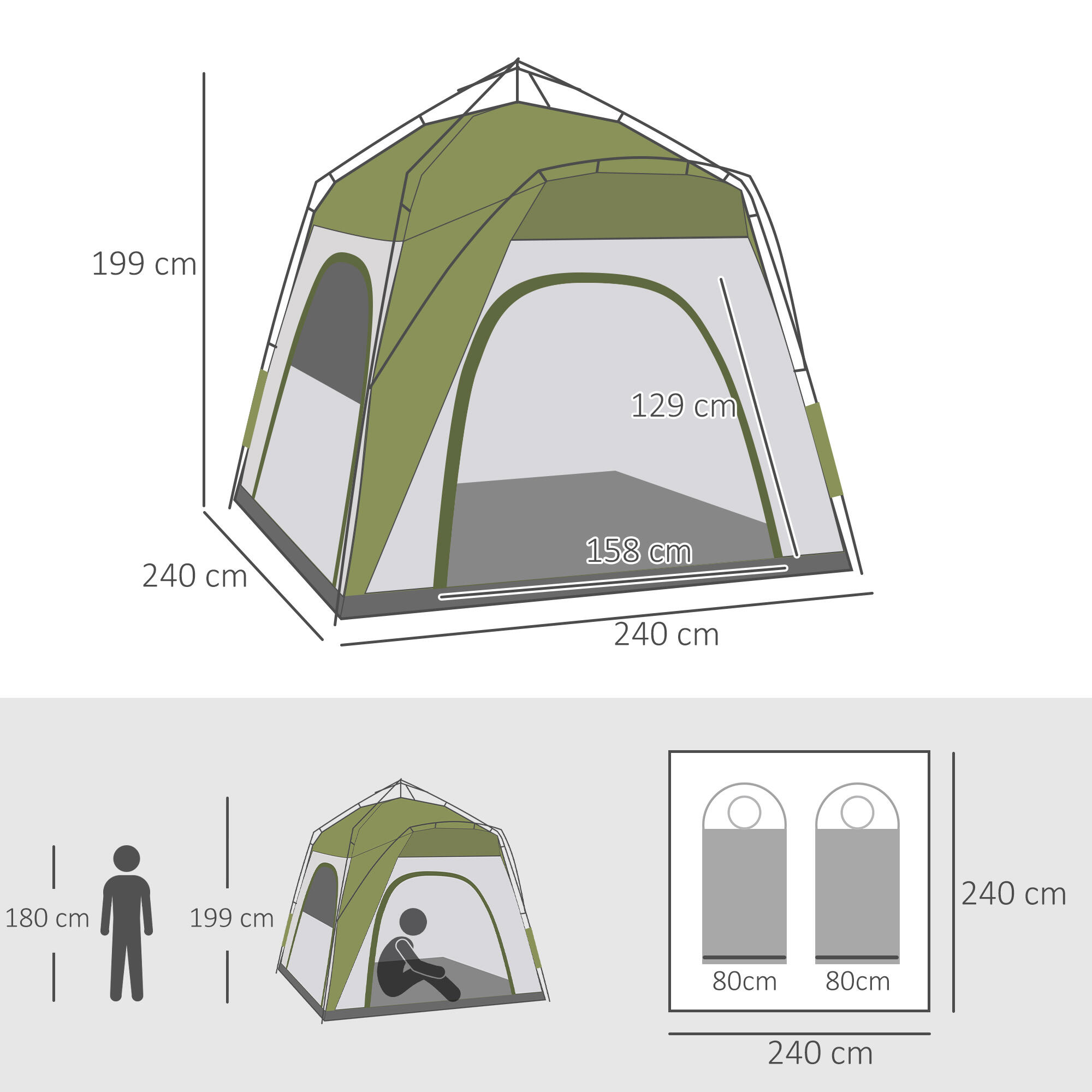 Outsunny Tenda da Campeggio 2 Posti con Porta e 3 Finestre, 240x240x199cm, Verde 3/8