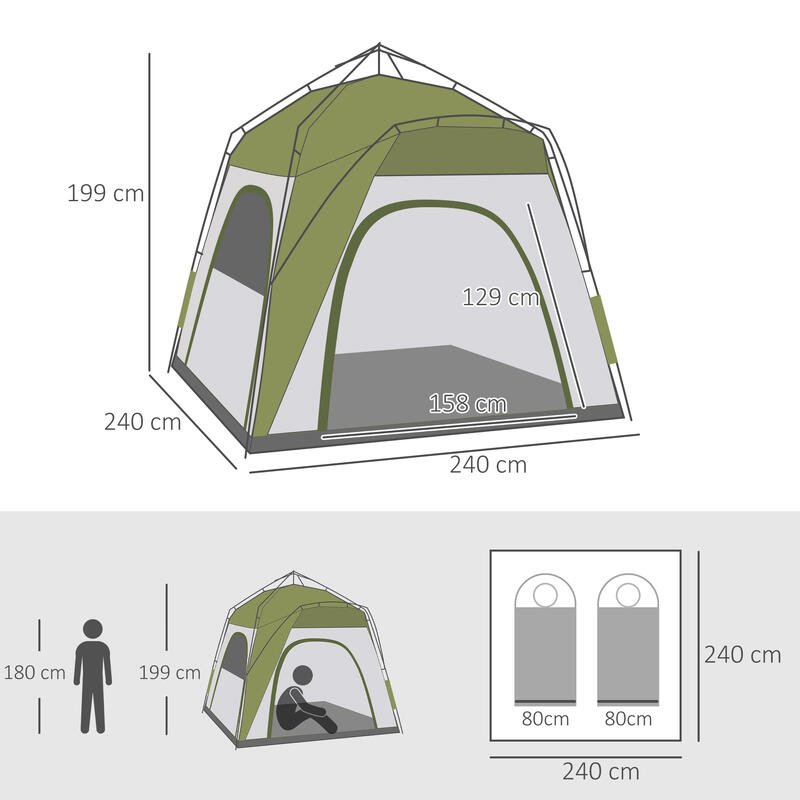 Outsunny Cort Camping 2 persoane cu Ușă Și 3 Ferestre, 240X240X199cm, Verde