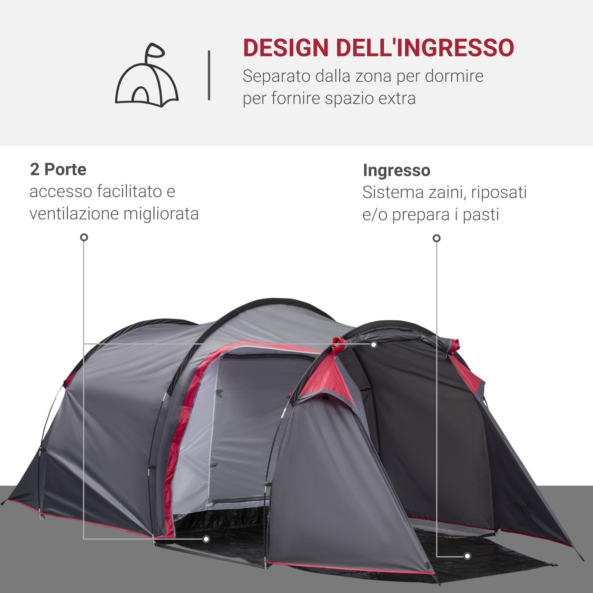 Outsunny Tenda da Campeggio 2 Posti con Vestibolo e Porte, 426x206x154cm Grigio 4/8