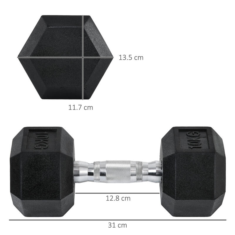 HOMCOM Set de 2 Gantere Hexagonale de 10 kg În Metal Și Cauciuc Negru