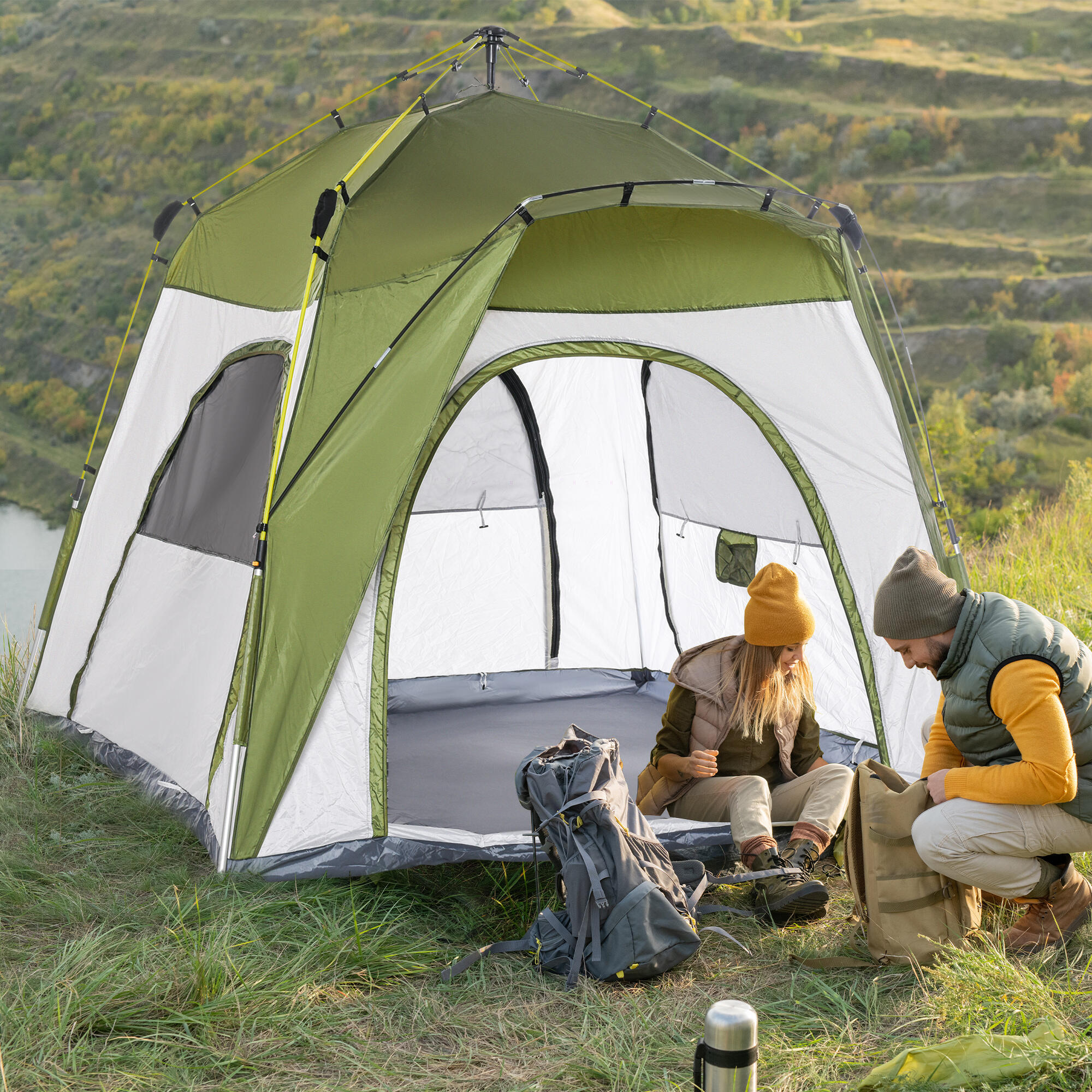 Outsunny Tenda da Campeggio 2 Posti con Porta e 3 Finestre, 240x240x199cm, Verde 2/8