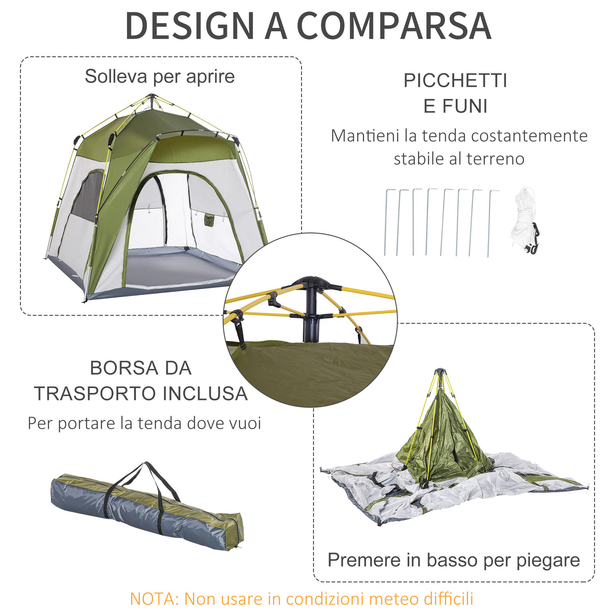 Outsunny Tenda da Campeggio 2 Posti con Porta e 3 Finestre, 240x240x199cm, Verde 5/8