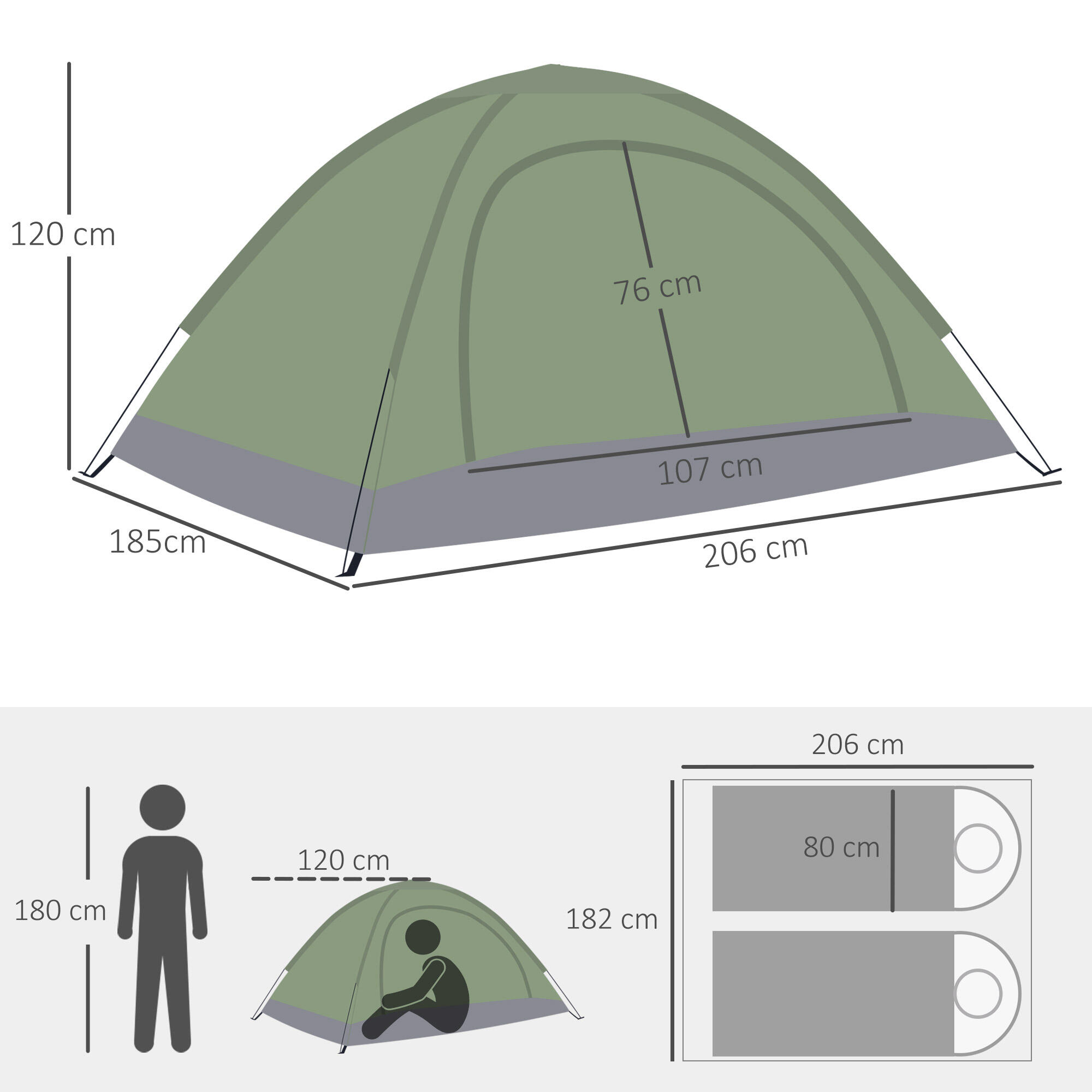 Outsunny Tenda da Campeggio 2 Posti con Sacca di Trasporto, 206x185x120cm, Verde 3/7