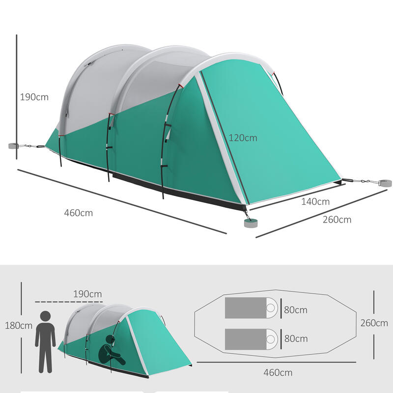 Outsunny Cort Camping Rezistent La Apă 2-4 persoane, Geantă de Transport, Verde