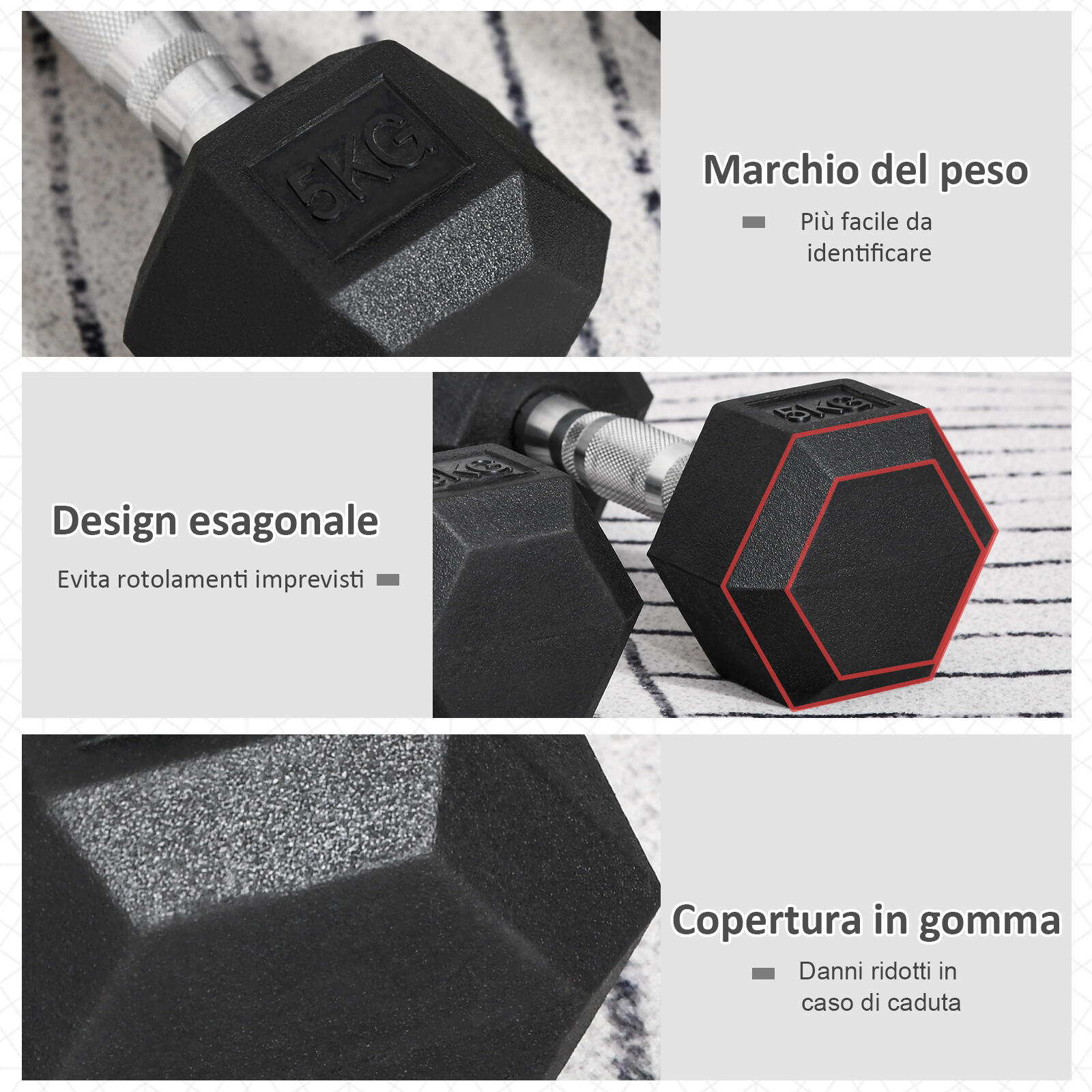 HOMCOM Set 2 Manubri Esagonali da 5kg in Gomma con Impugnatura Antiscivolo Nero 4/8